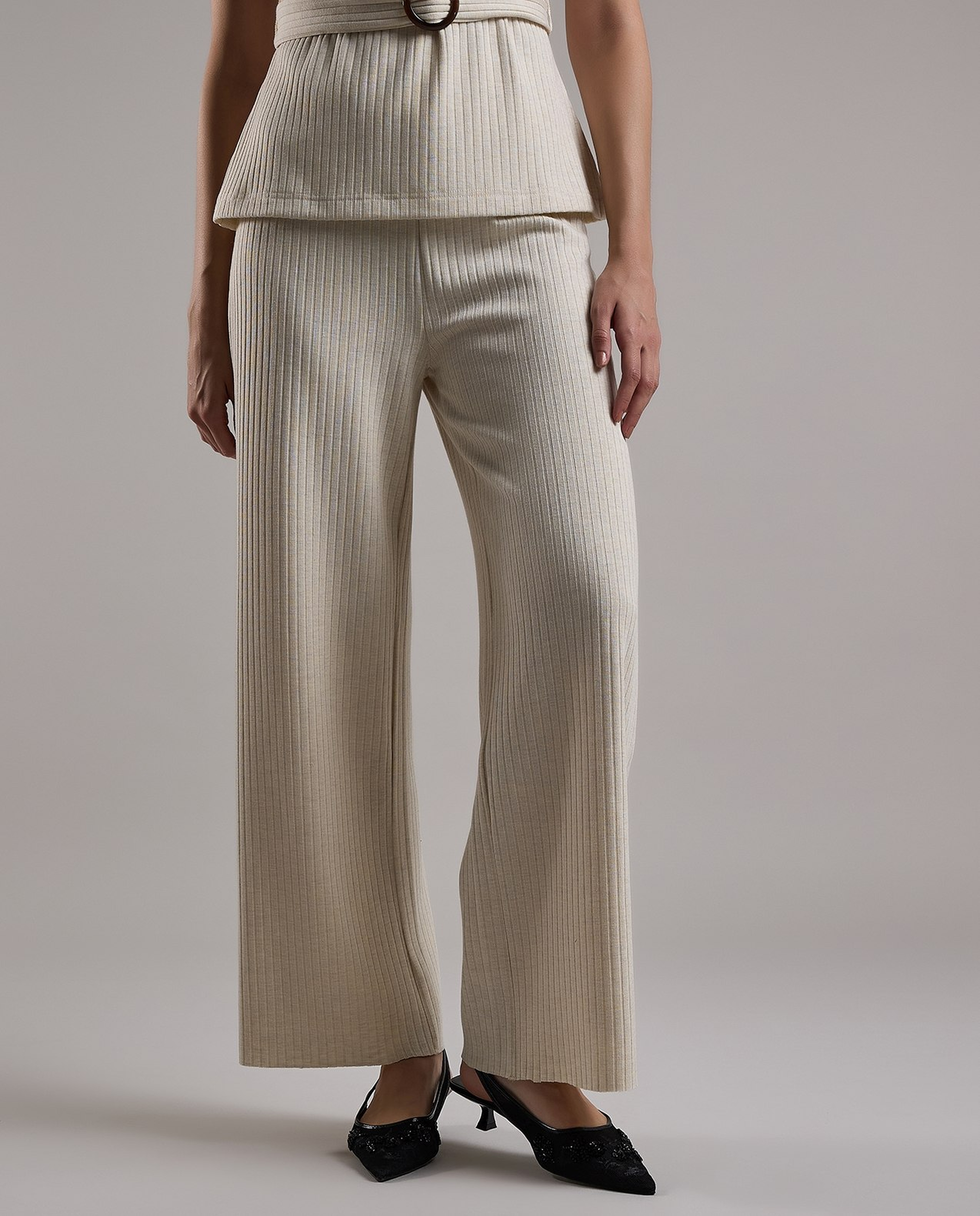 Ribbed Wide Leg Pants with Elastic Waist