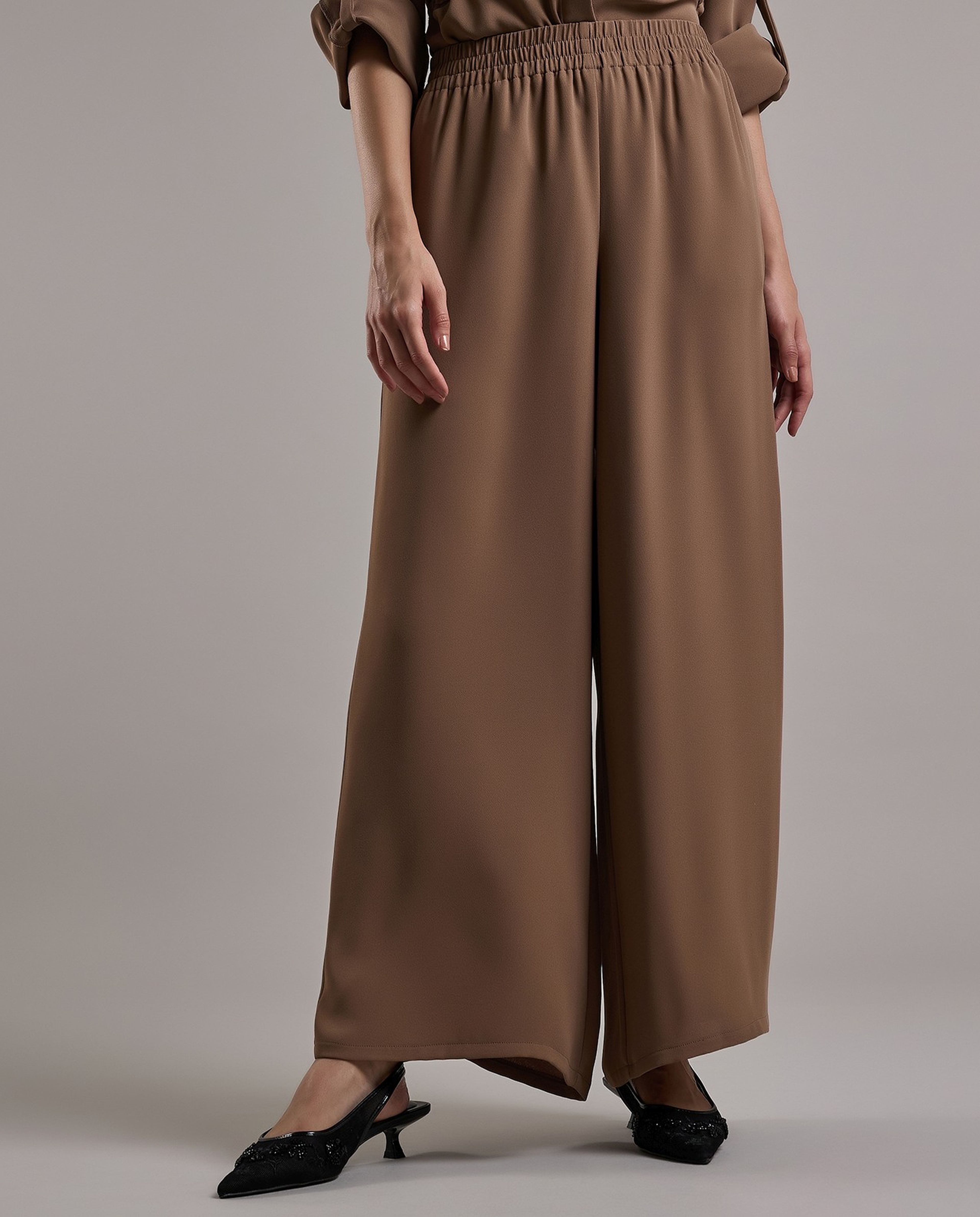 Textured Wide Leg Pants with Elastic Waist