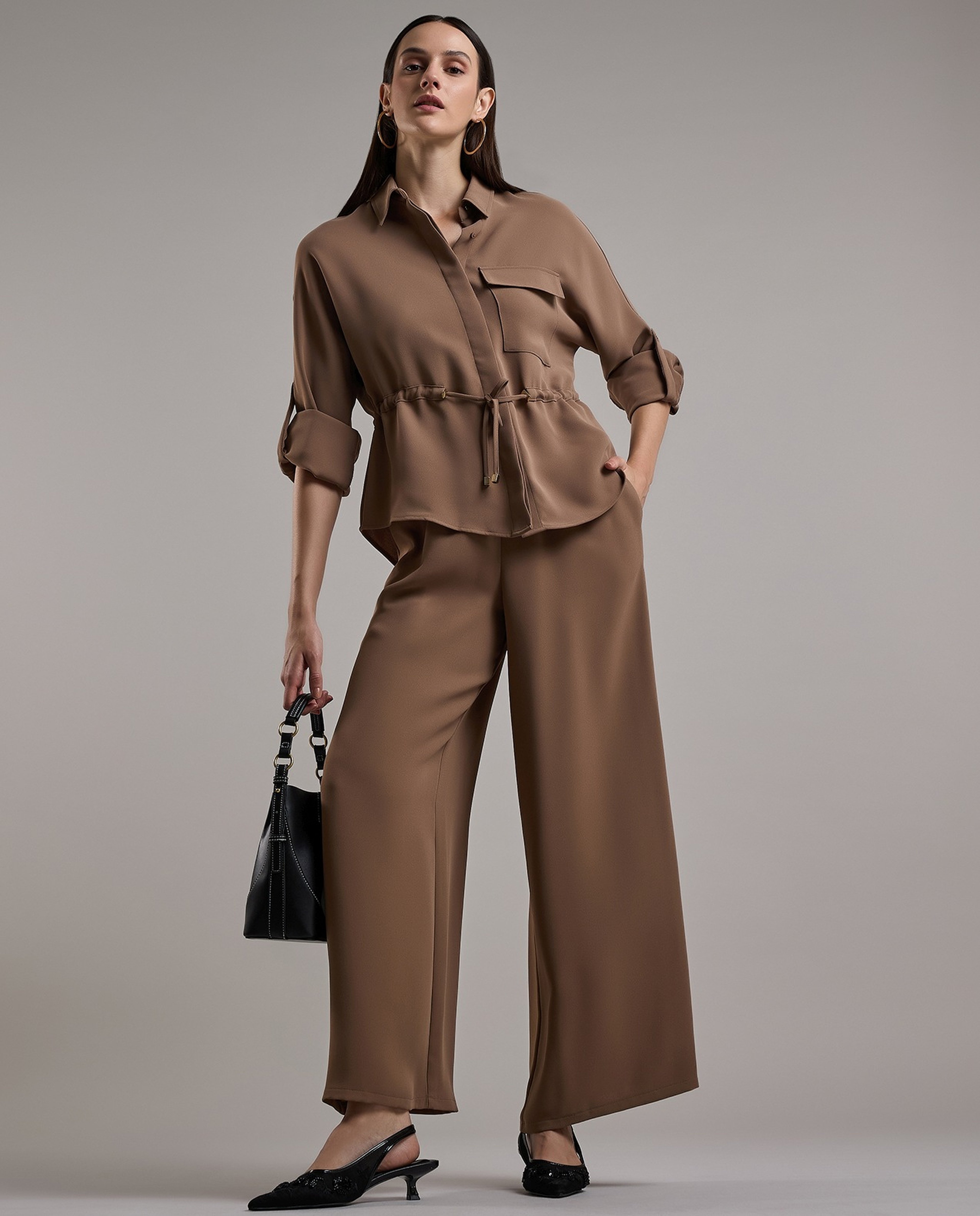 Textured Wide Leg Pants with Elastic Waist