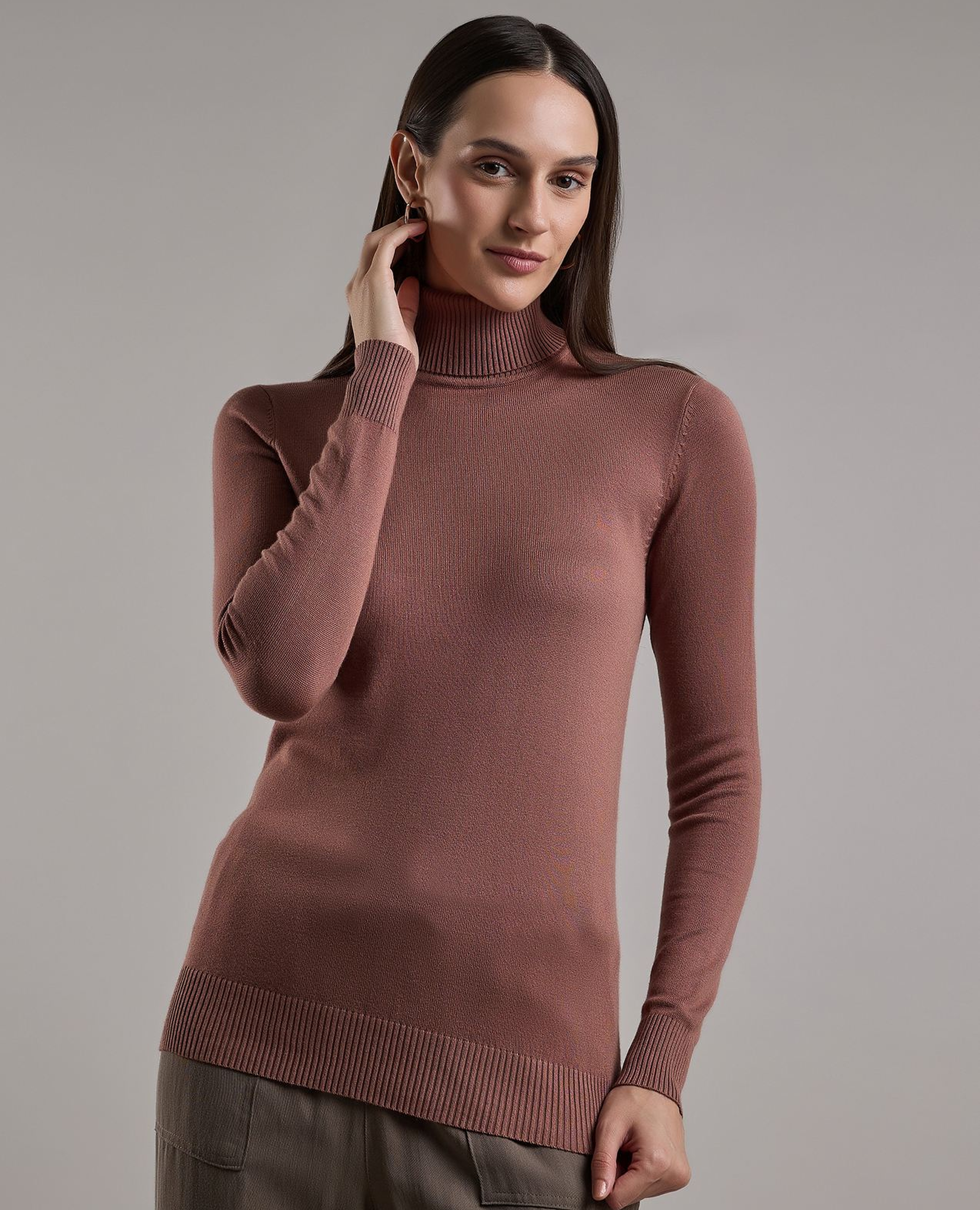Solid Sweater with Turtleneck and Long Sleeves