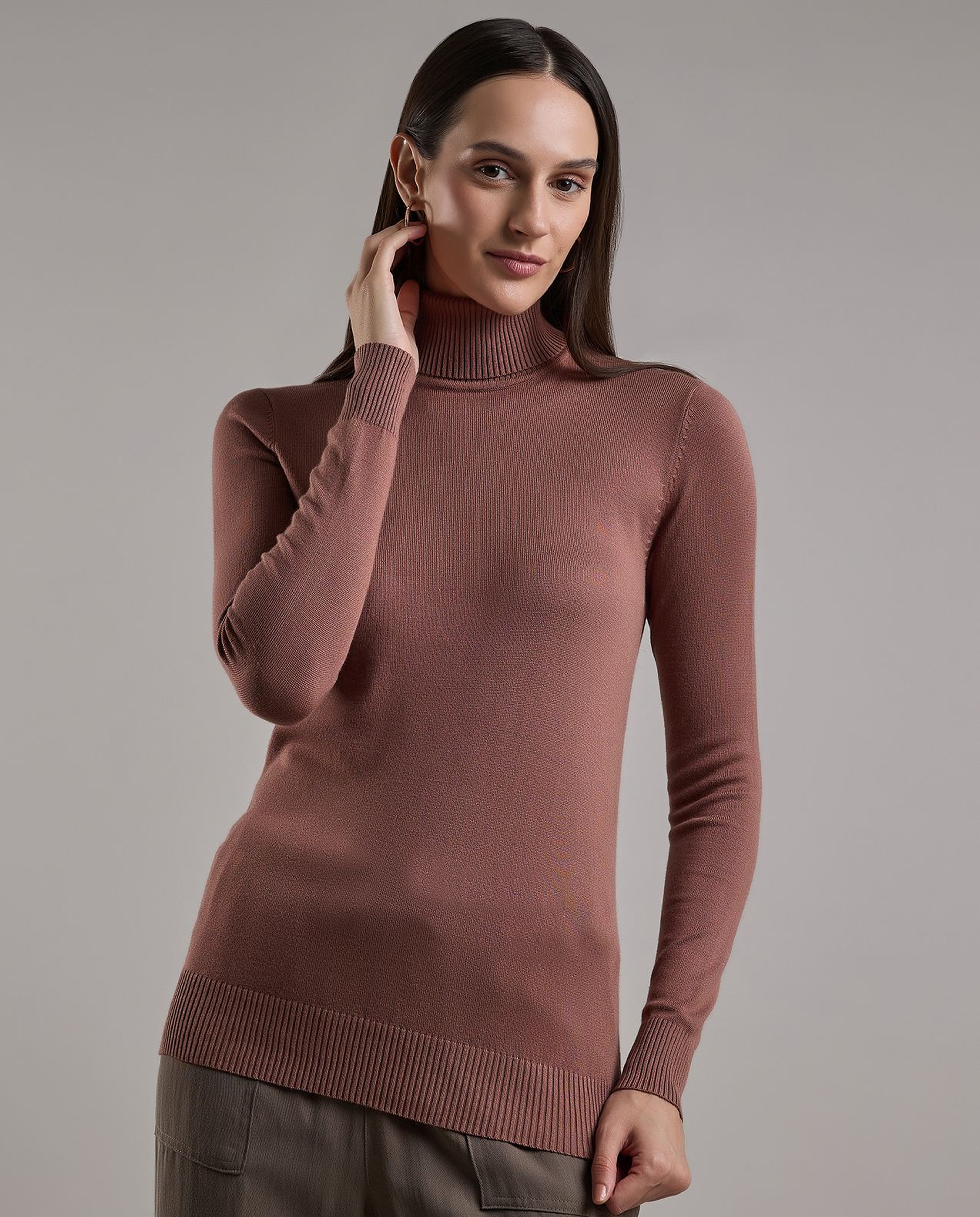 Solid Sweater with Turtleneck and Long Sleeves