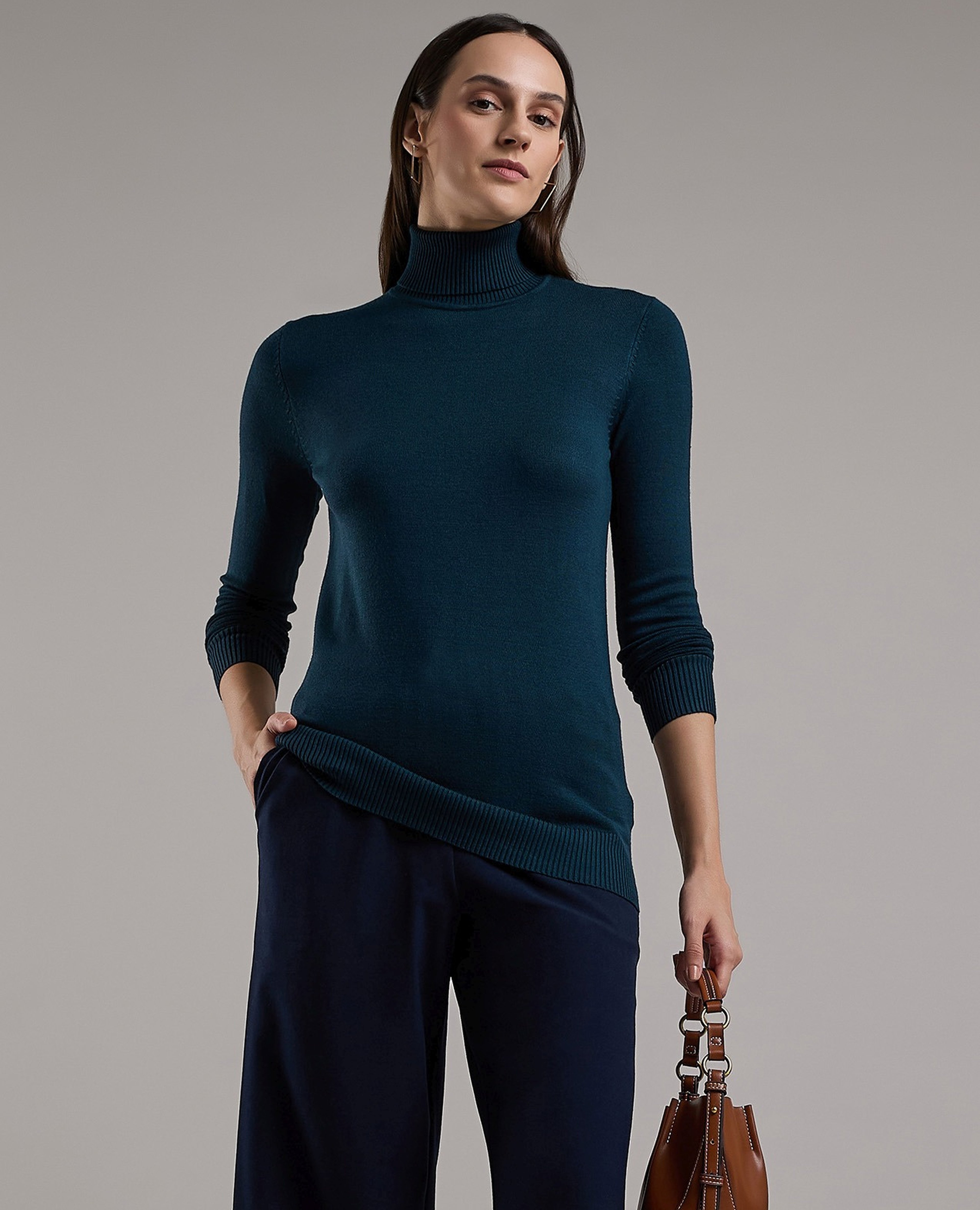 Solid Sweater with Turtleneck and Long Sleeves