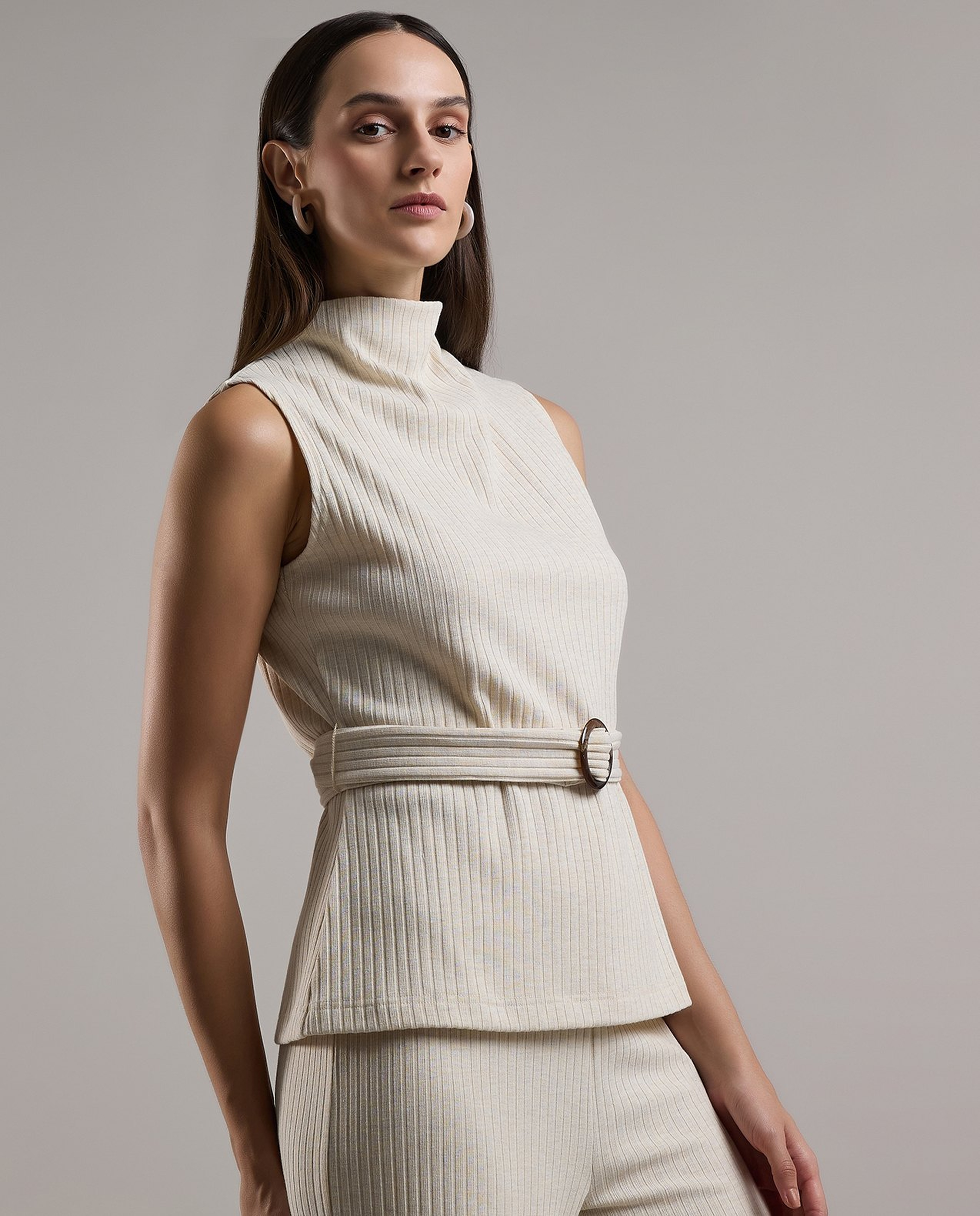 Ribbed Belted Sleeveless Top