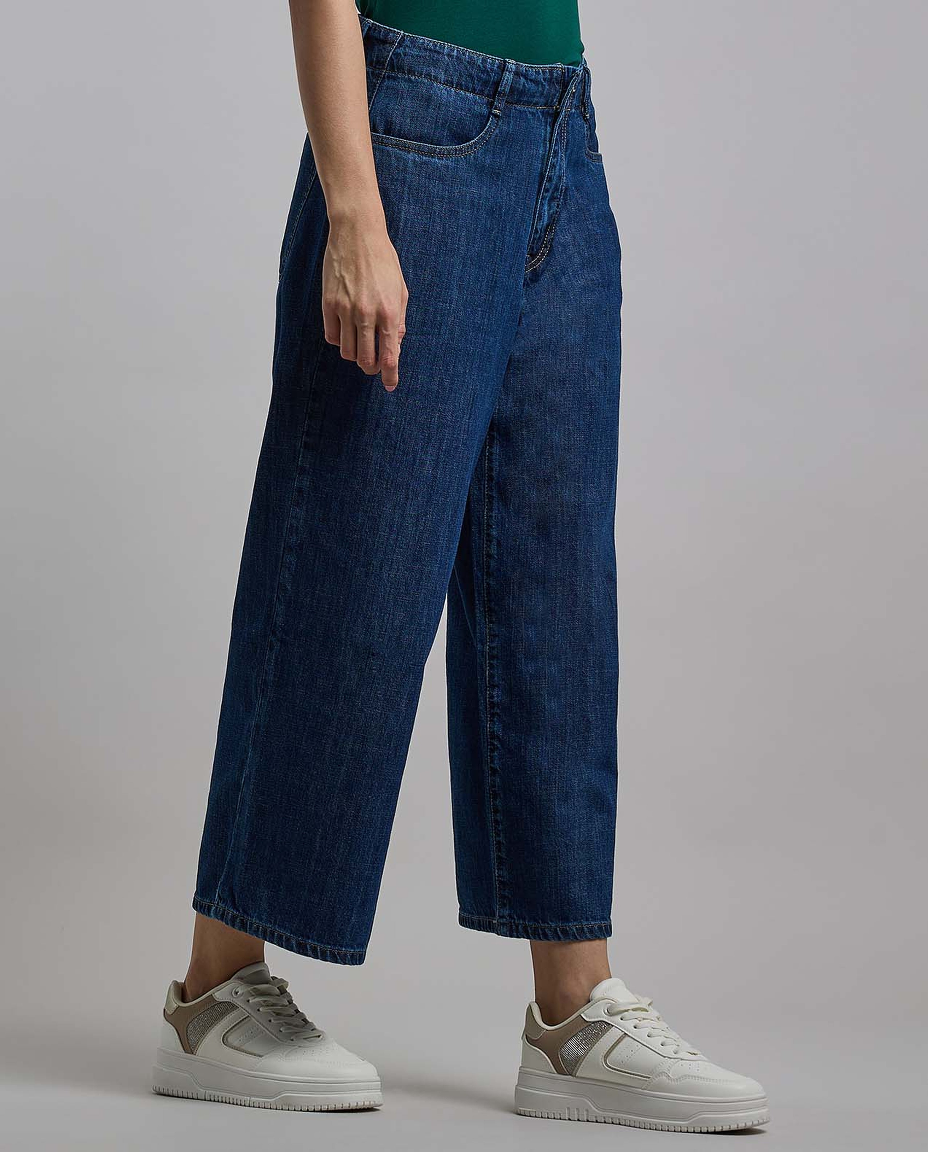 Washed Wide Leg Culotte Jeans with Button Closure