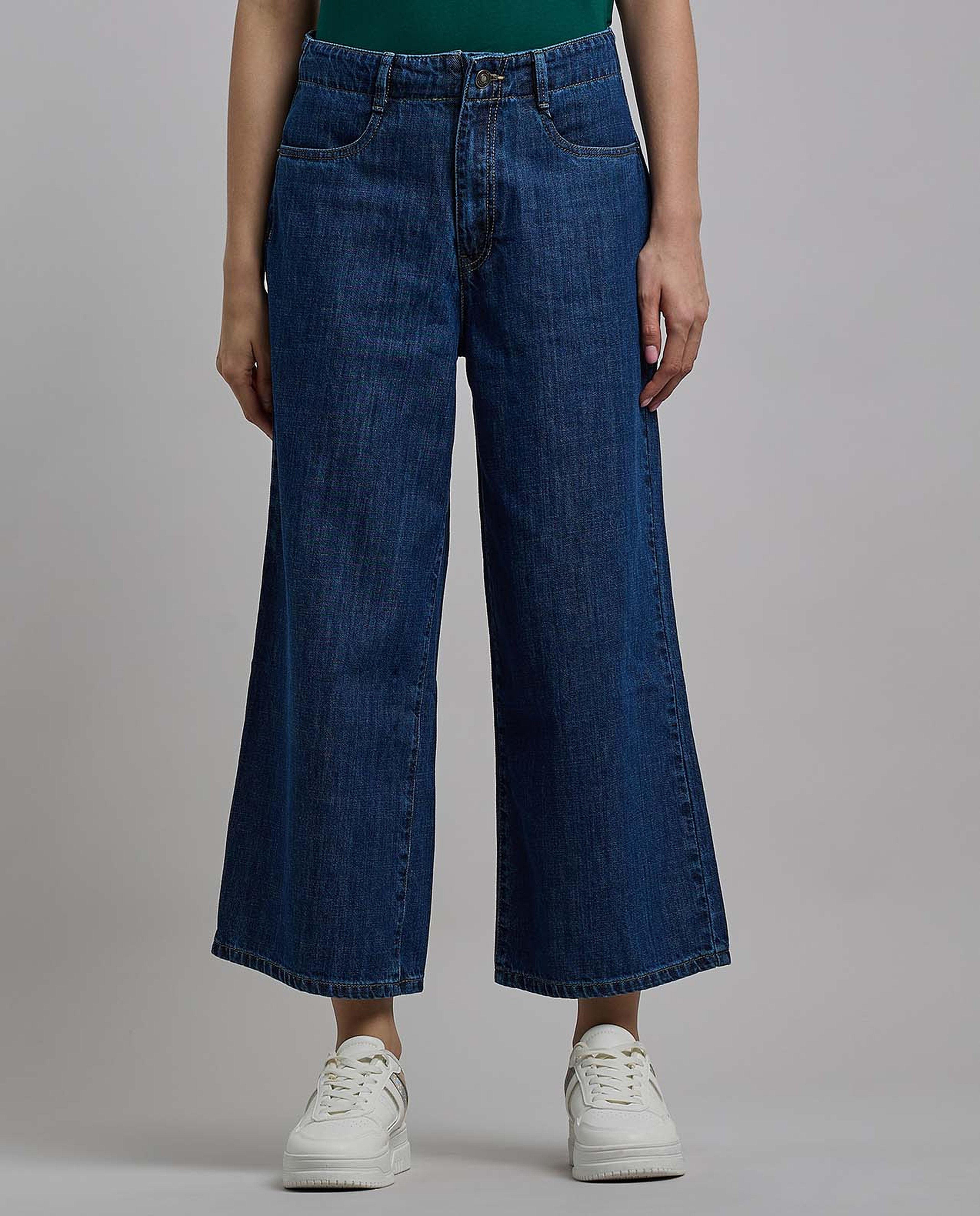 Washed Wide Leg Culotte Jeans with Button Closure