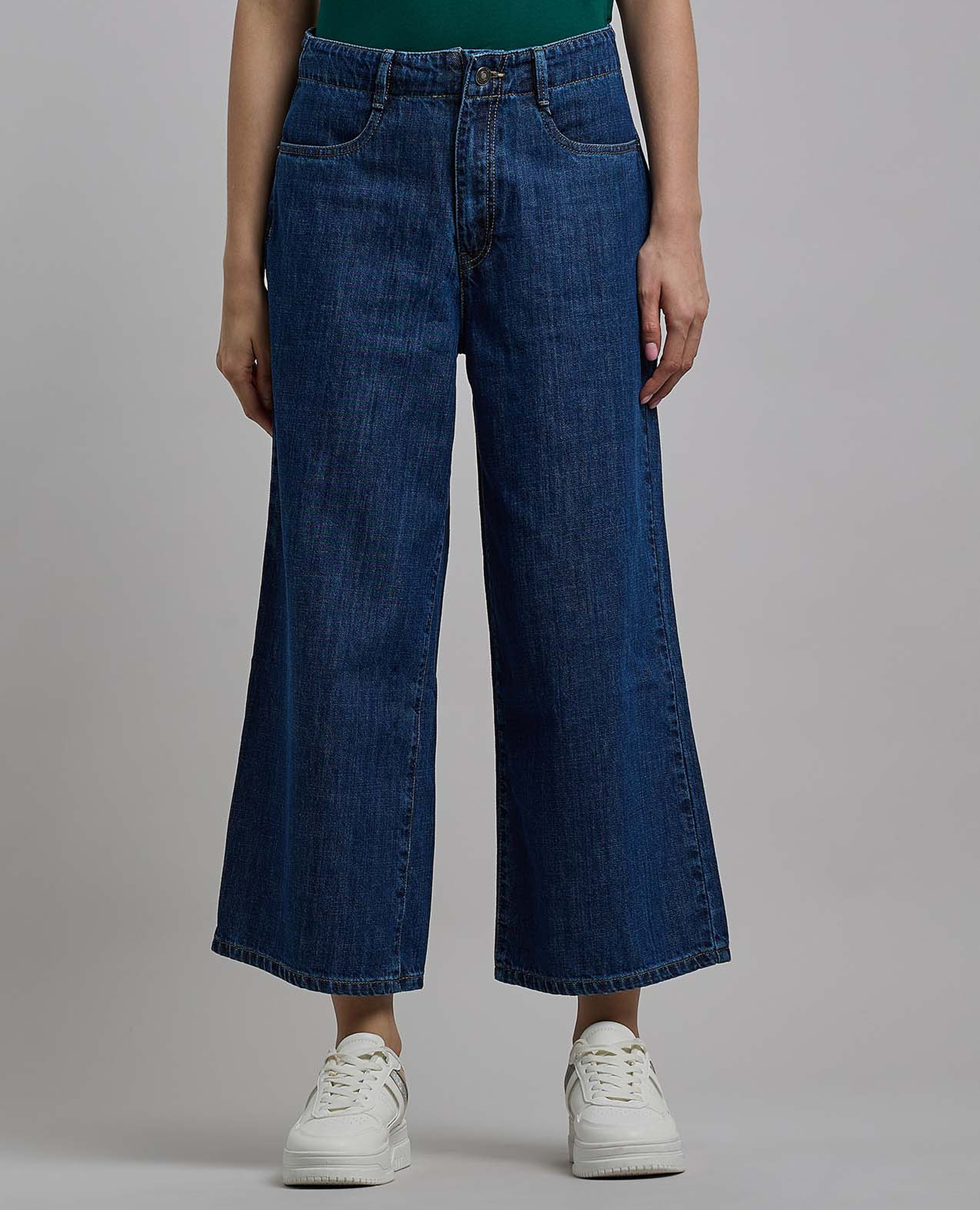 Washed Wide Leg Culotte Jeans with Button Closure
