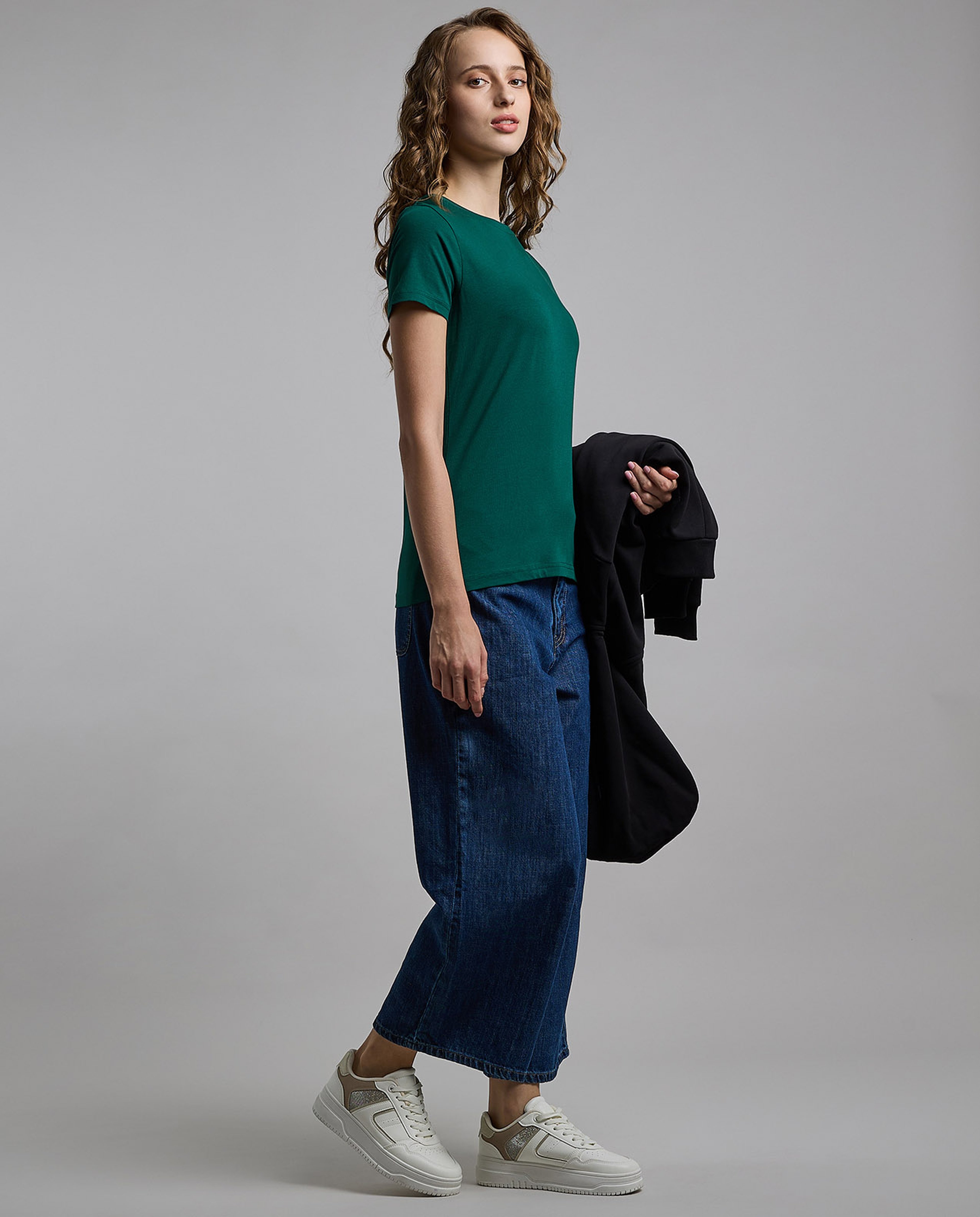Washed Wide Leg Culotte Jeans with Button Closure