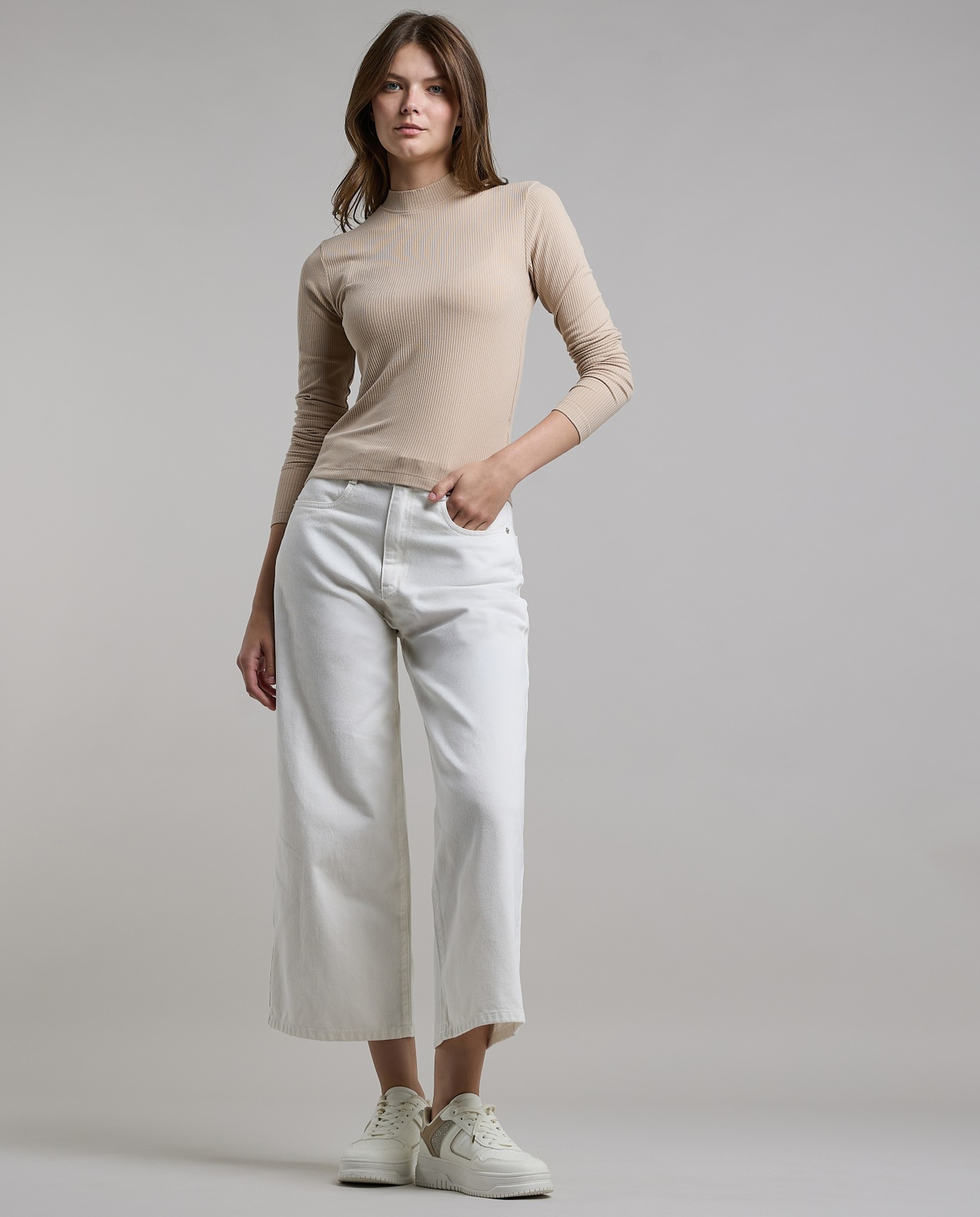 Ribbed Top with Mock Neck and Long Sleeves