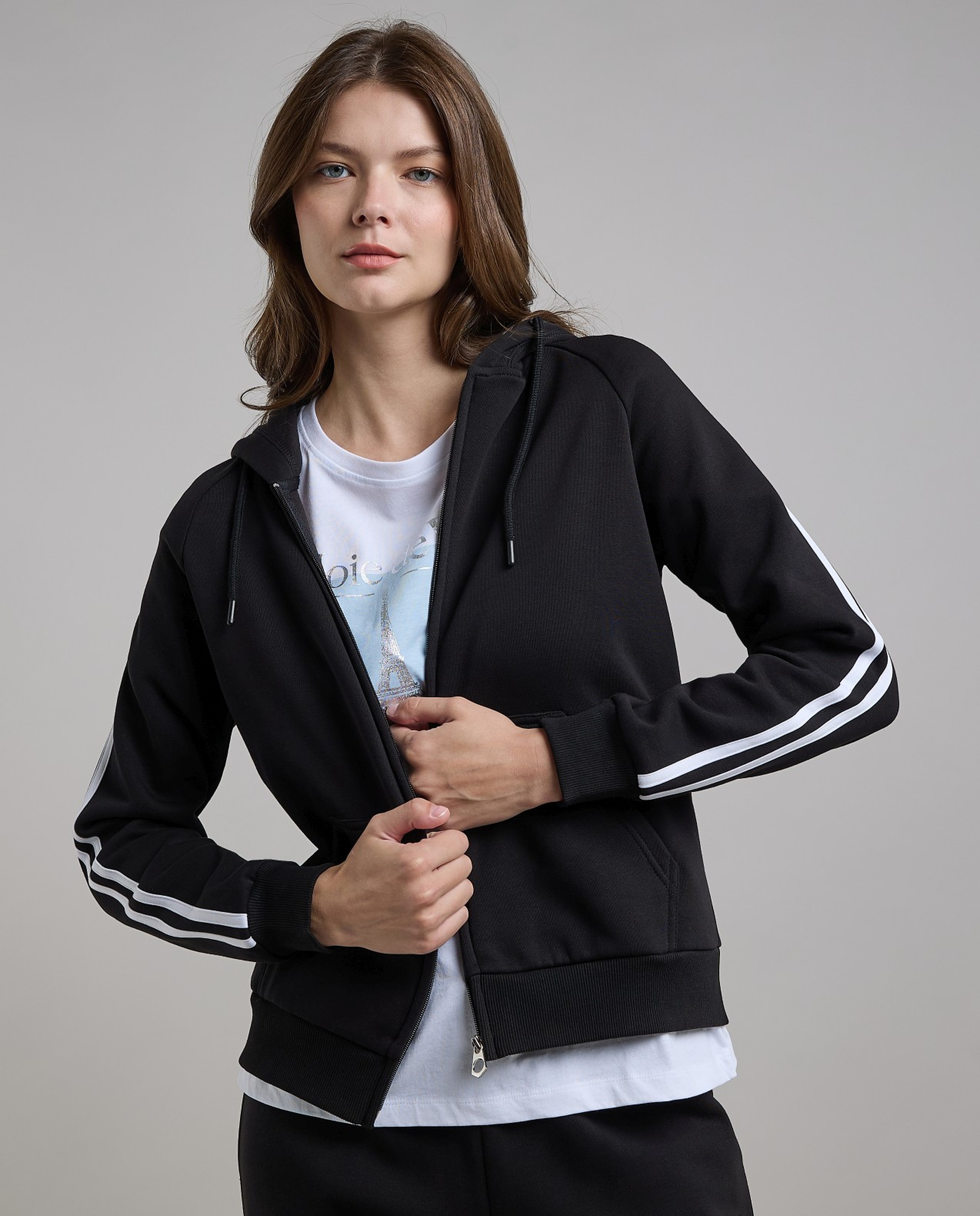 Stripe Detail Hooded Jacket with Long Sleeves