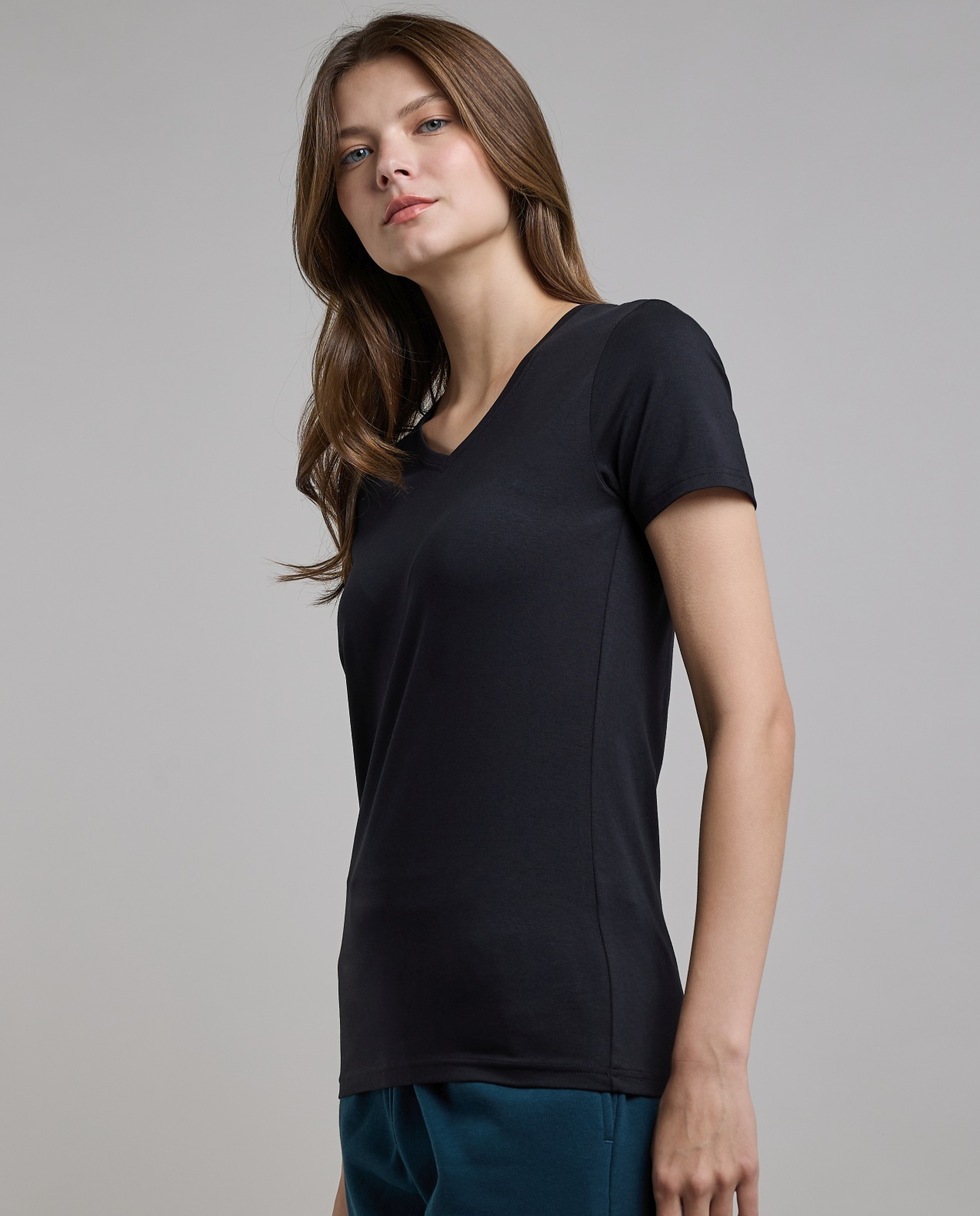 Solid T-Shirt with V-Neck and Short Sleeves
