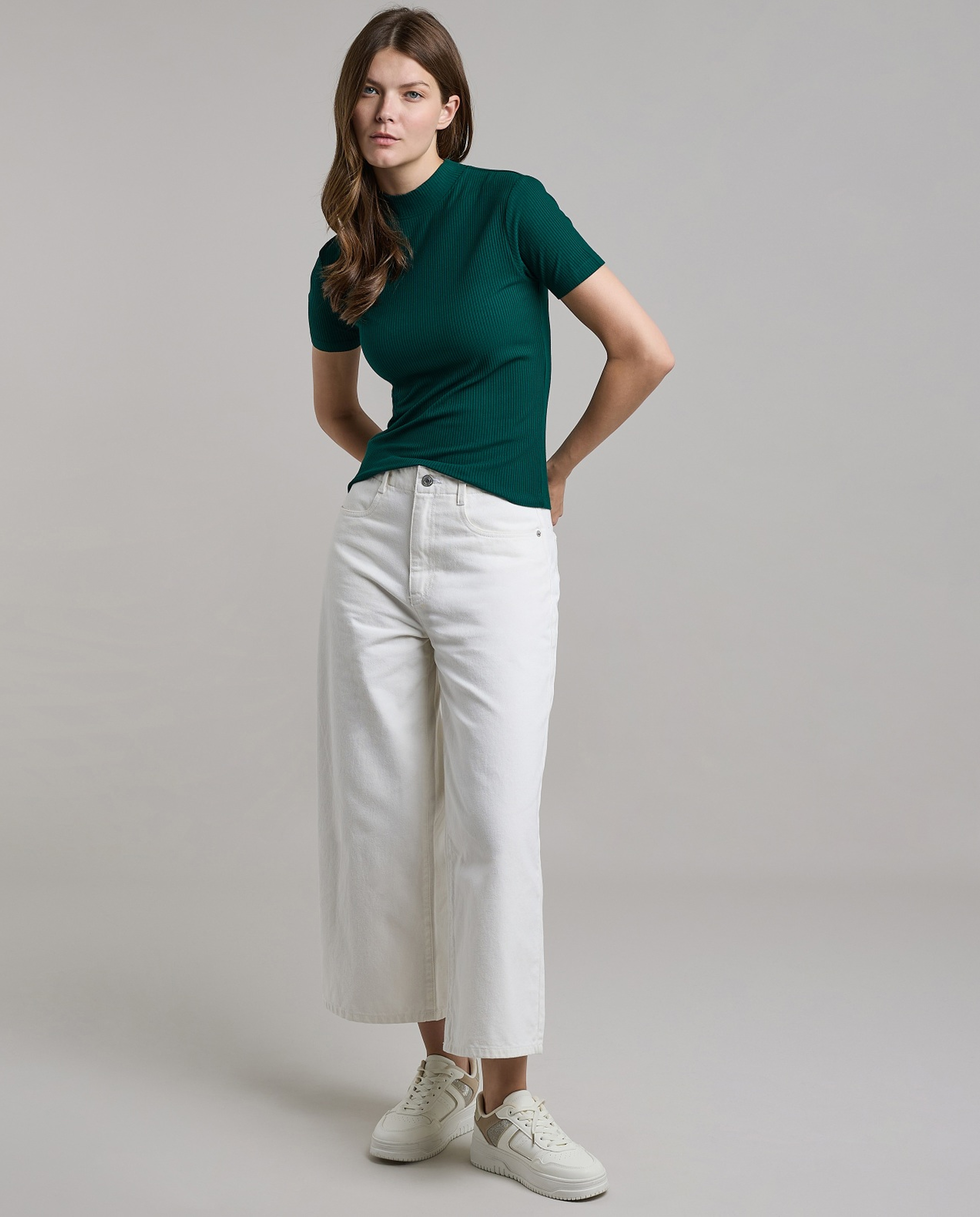 Ribbed Top with Mock Neck and Short Sleeves