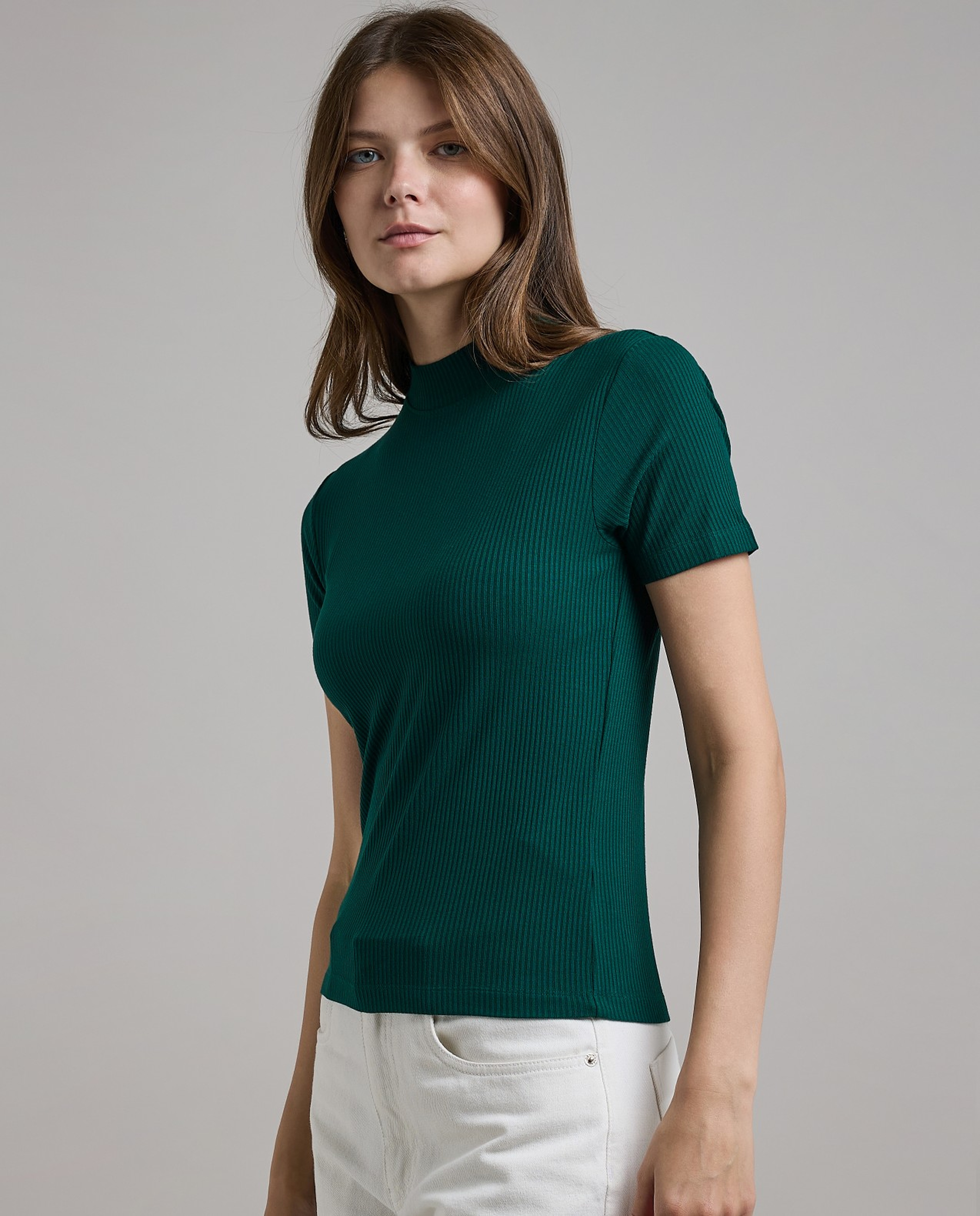 Ribbed Top with Mock Neck and Short Sleeves