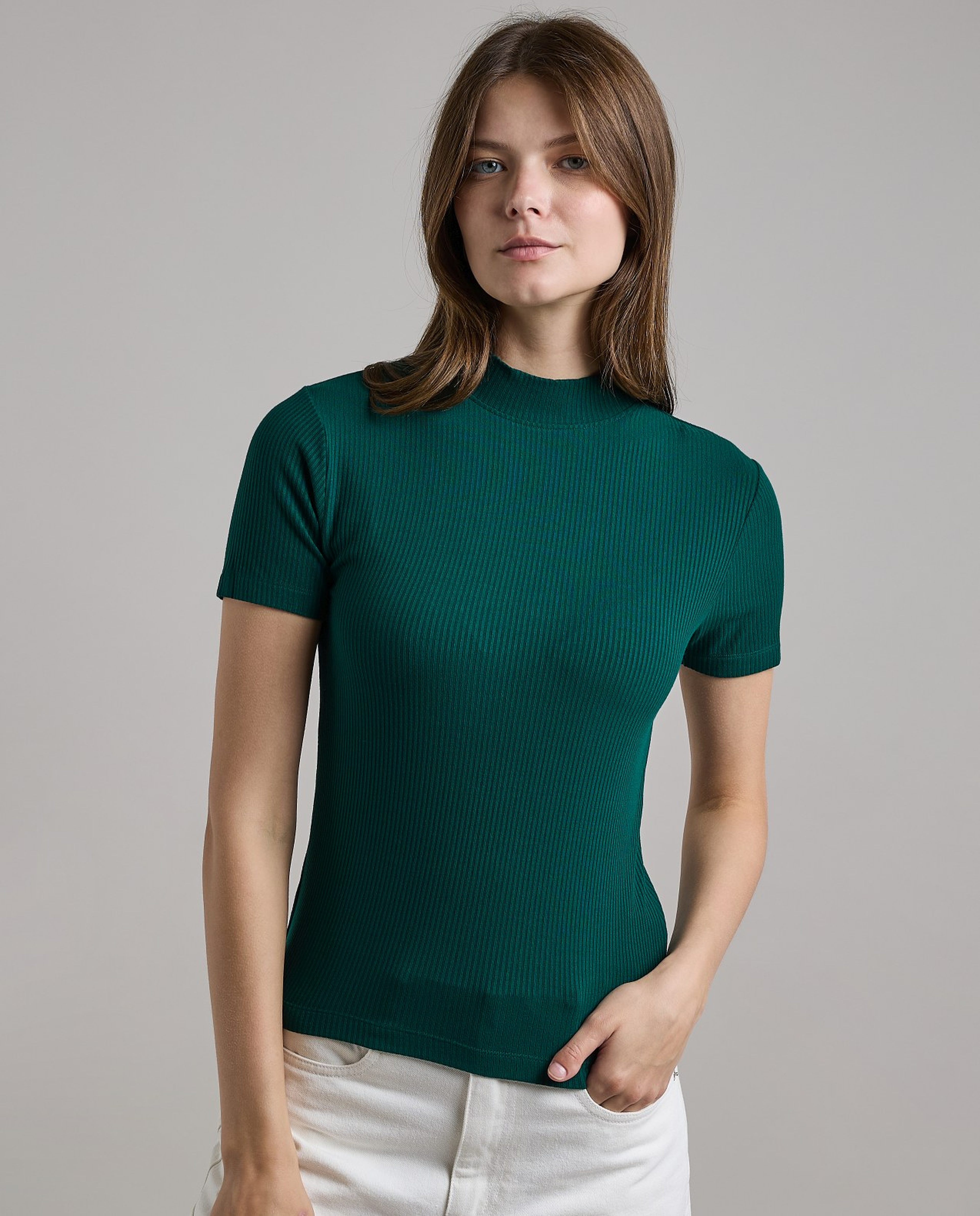 Ribbed Top with Mock Neck and Short Sleeves