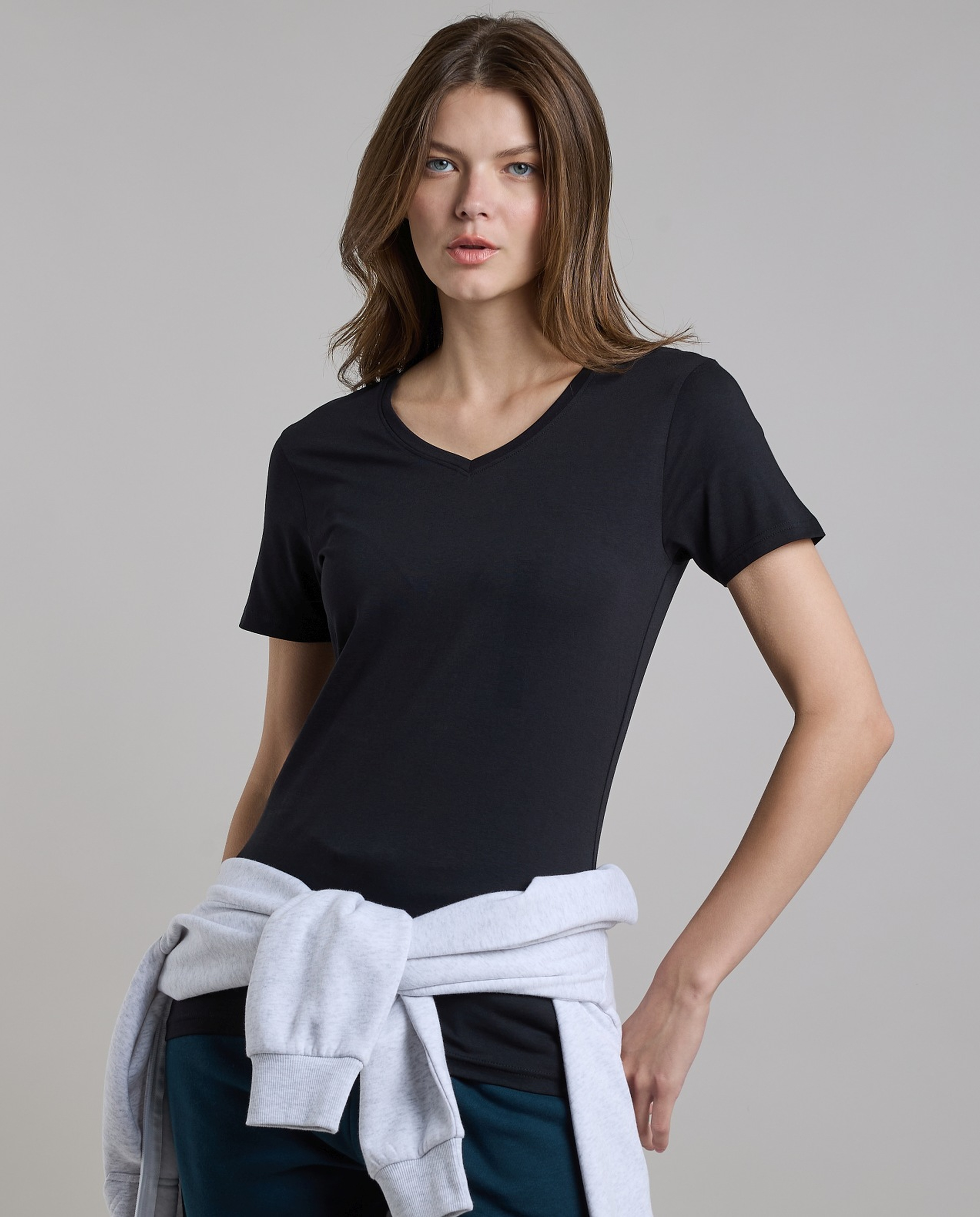 Solid T-Shirt with V-Neck and Short Sleeves