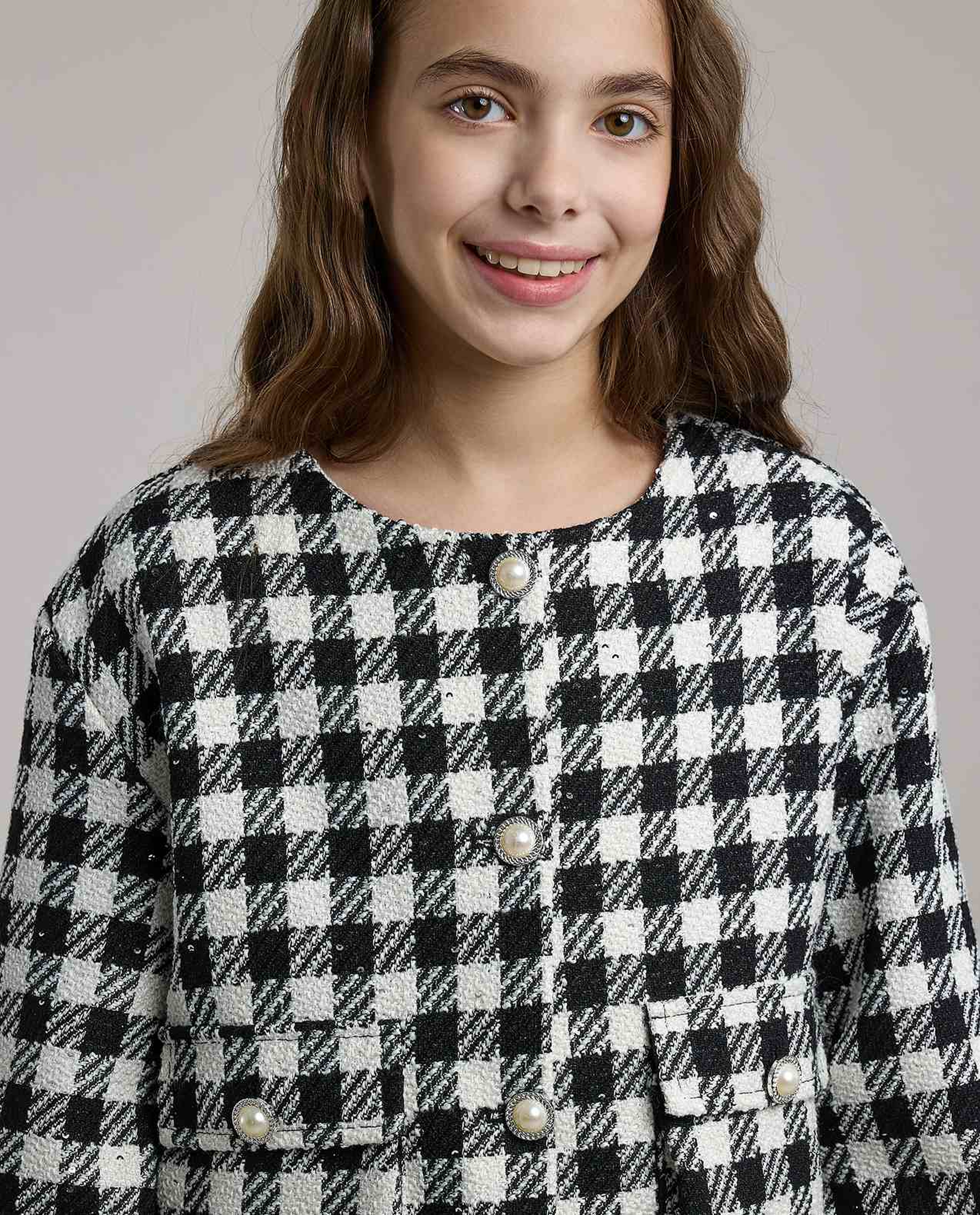Checkered Jacket with Crew Neck and Long Sleeves