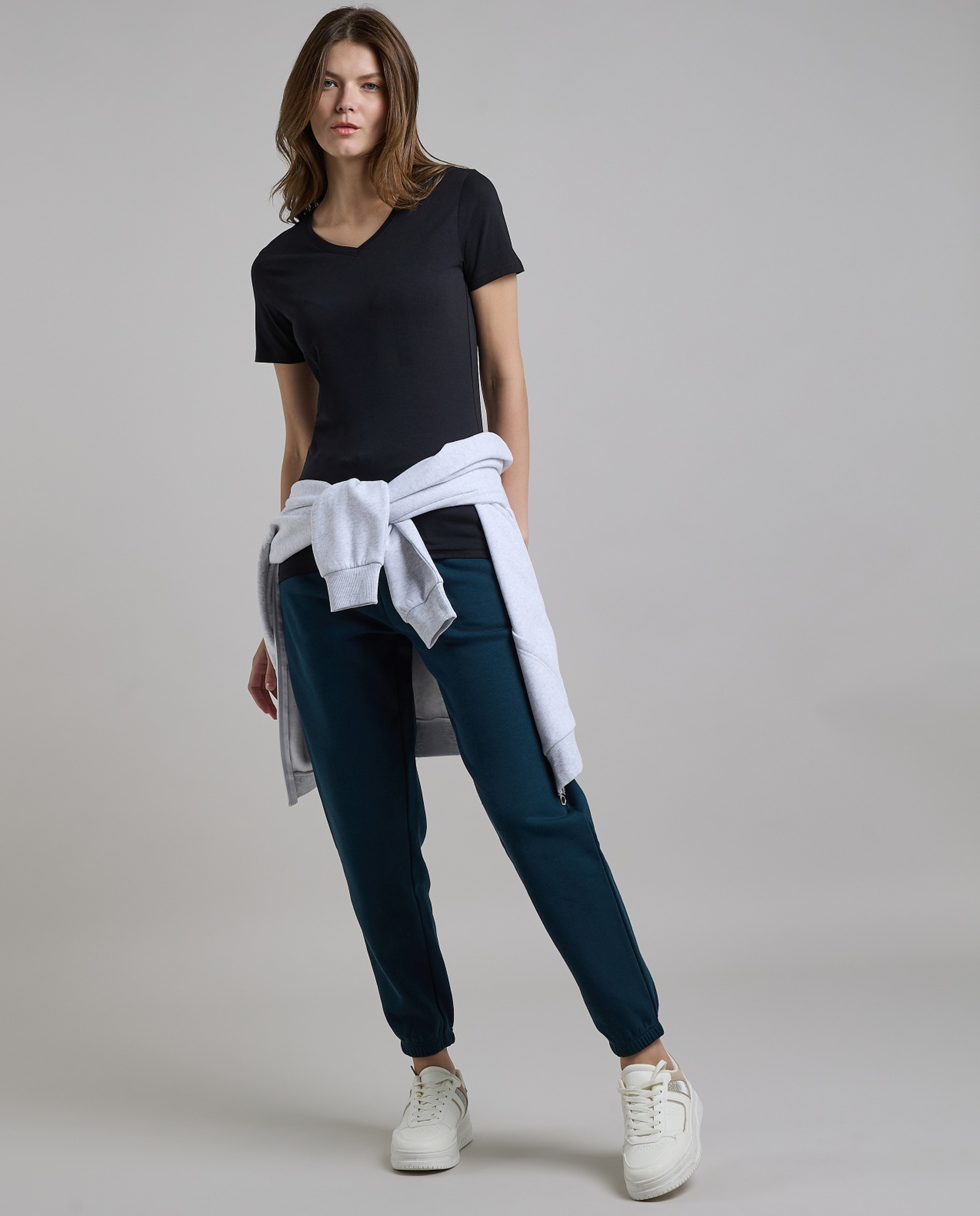 Solid T-Shirt with V-Neck and Short Sleeves