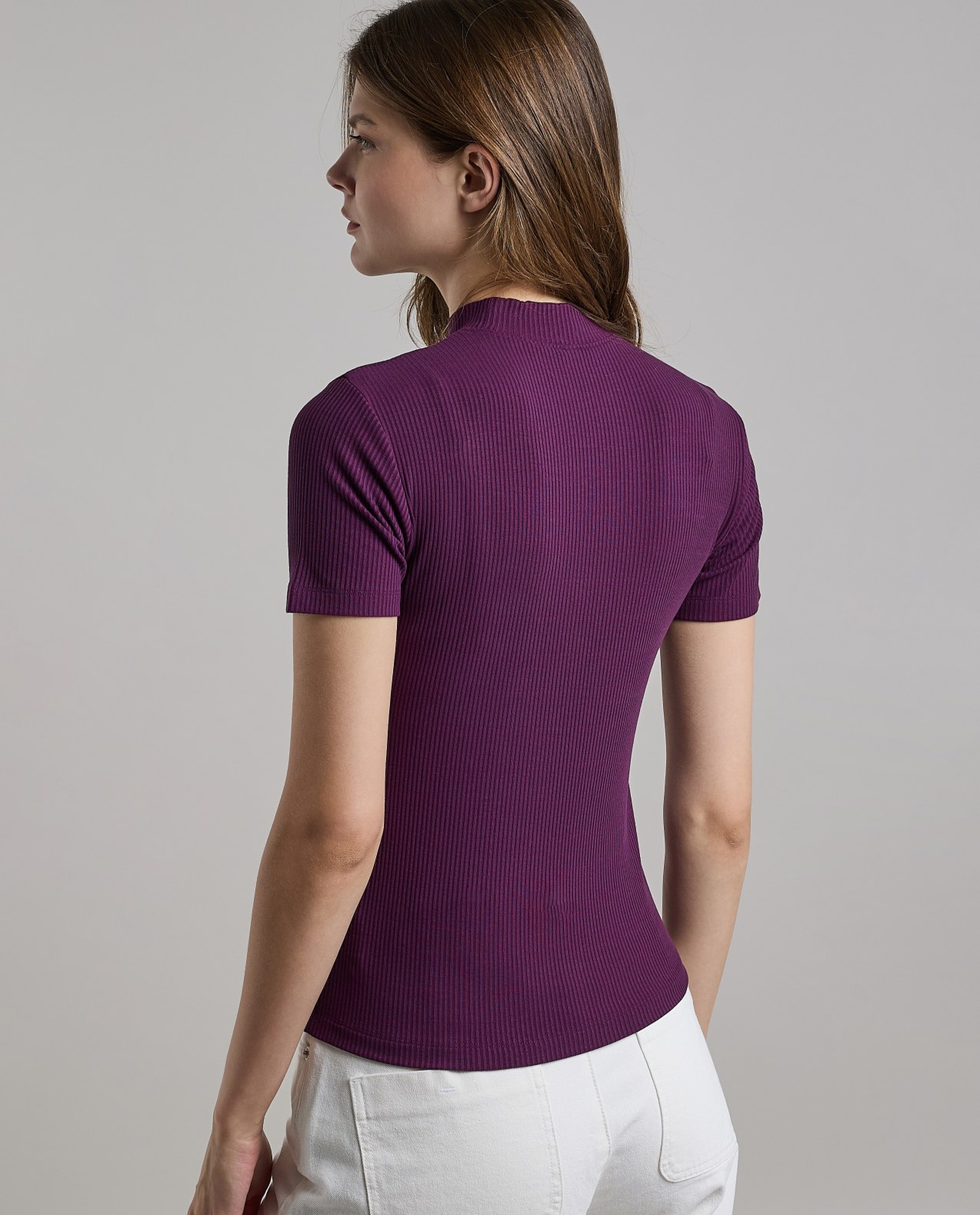 Ribbed Top with Mock Neck and Short Sleeves