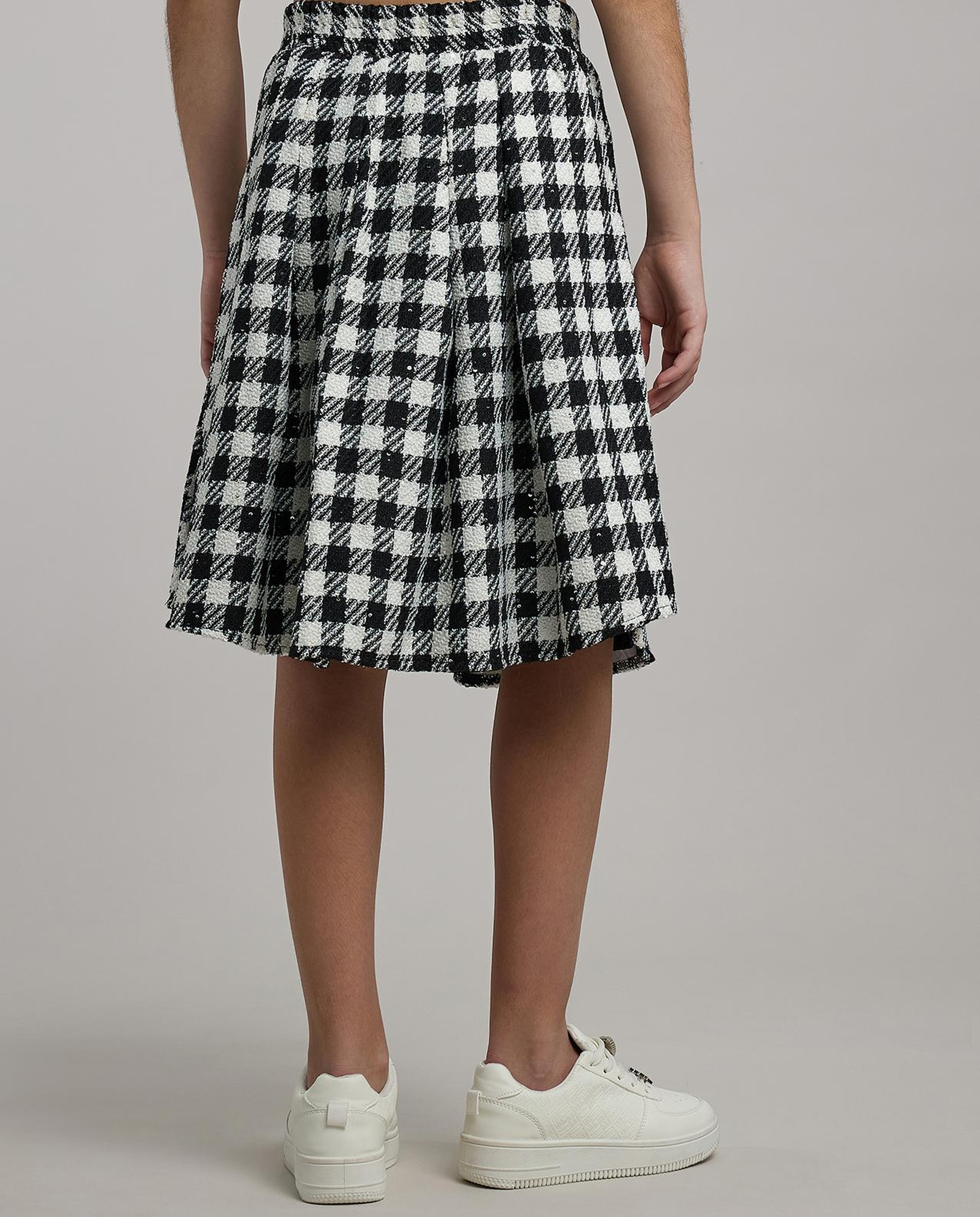 Checkered Pleated Skirt with Elastic Waist