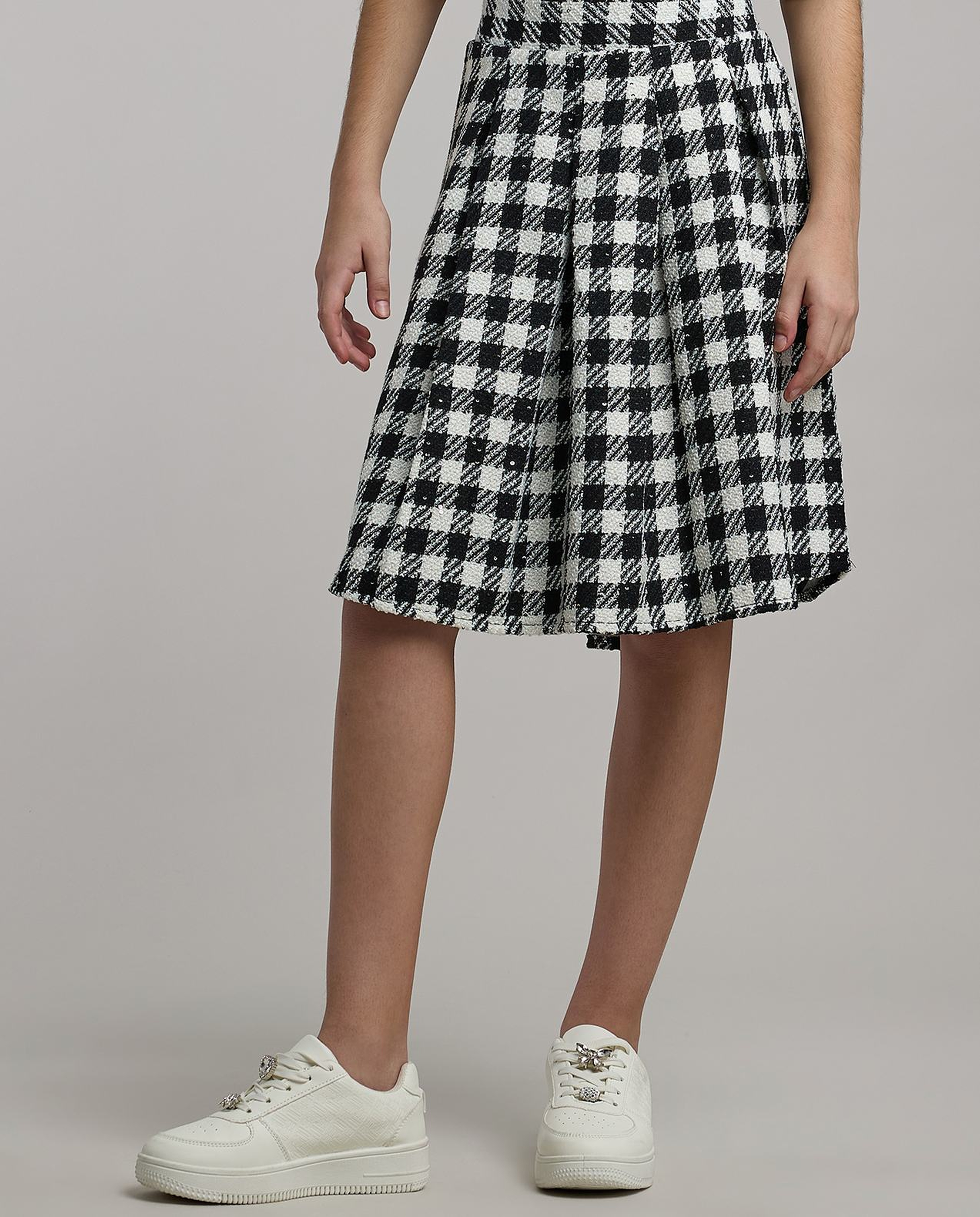 Checkered Pleated Skirt with Elastic Waist
