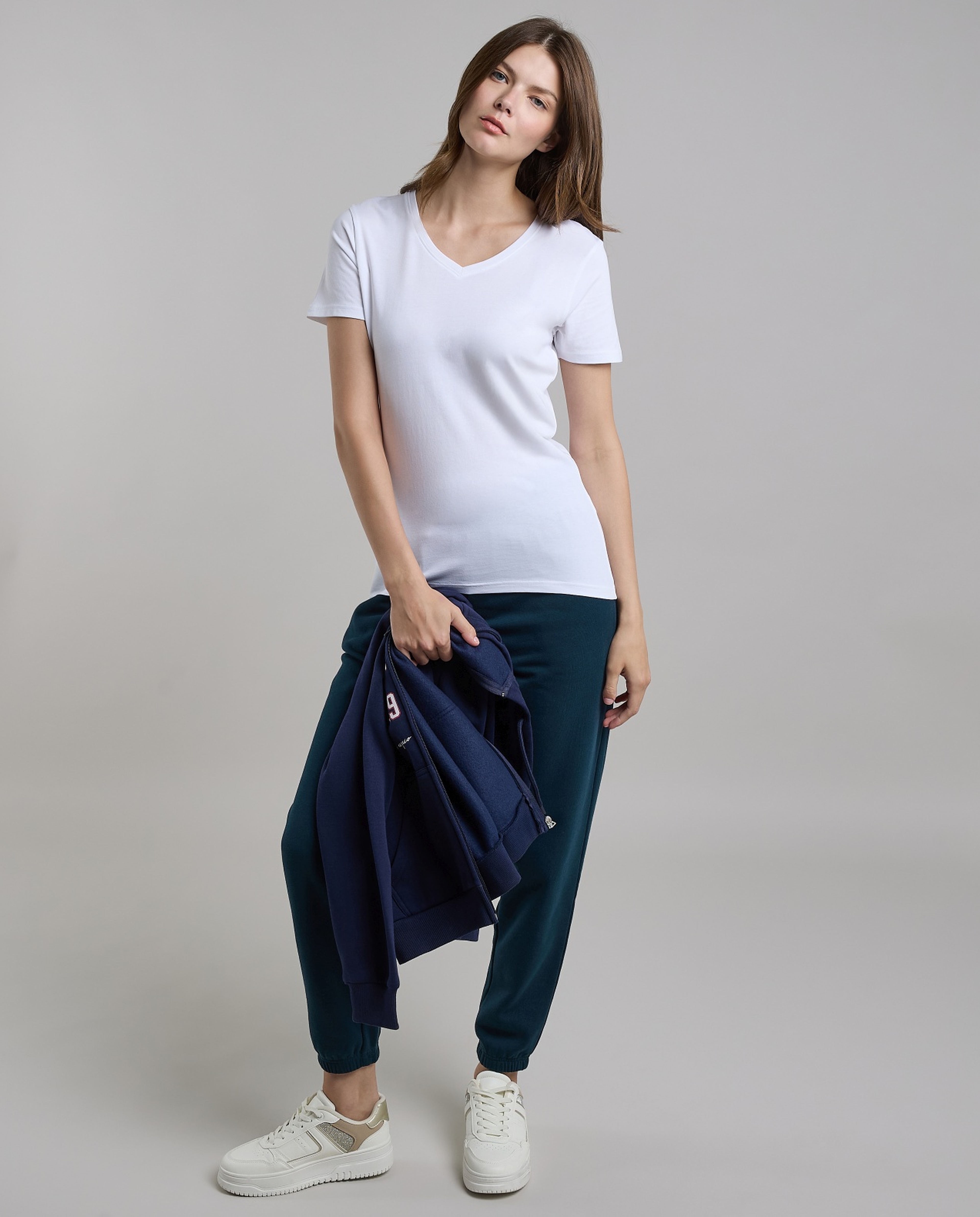 Solid T-Shirt with V-Neck and Short Sleeves