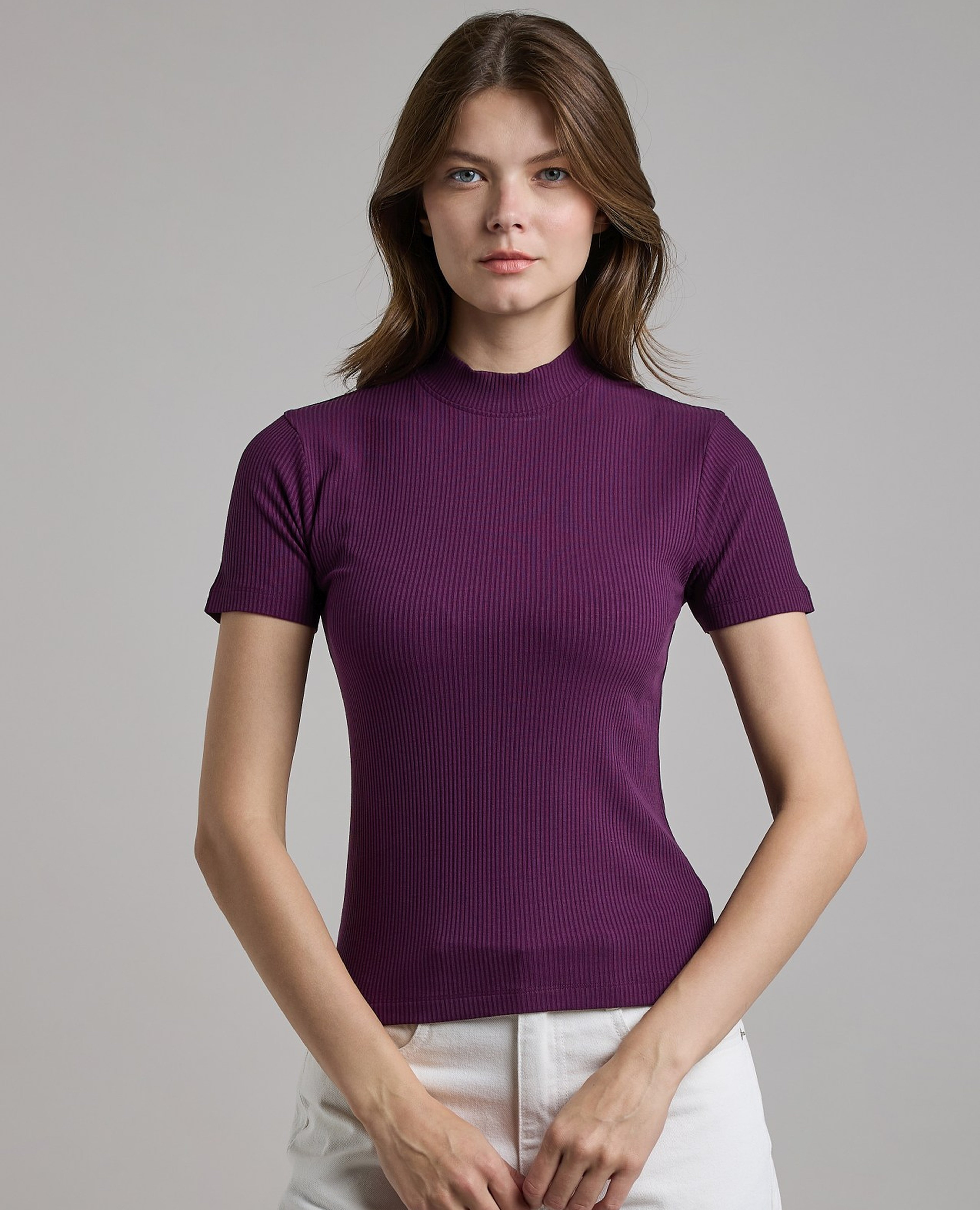 Ribbed Top with Mock Neck and Short Sleeves