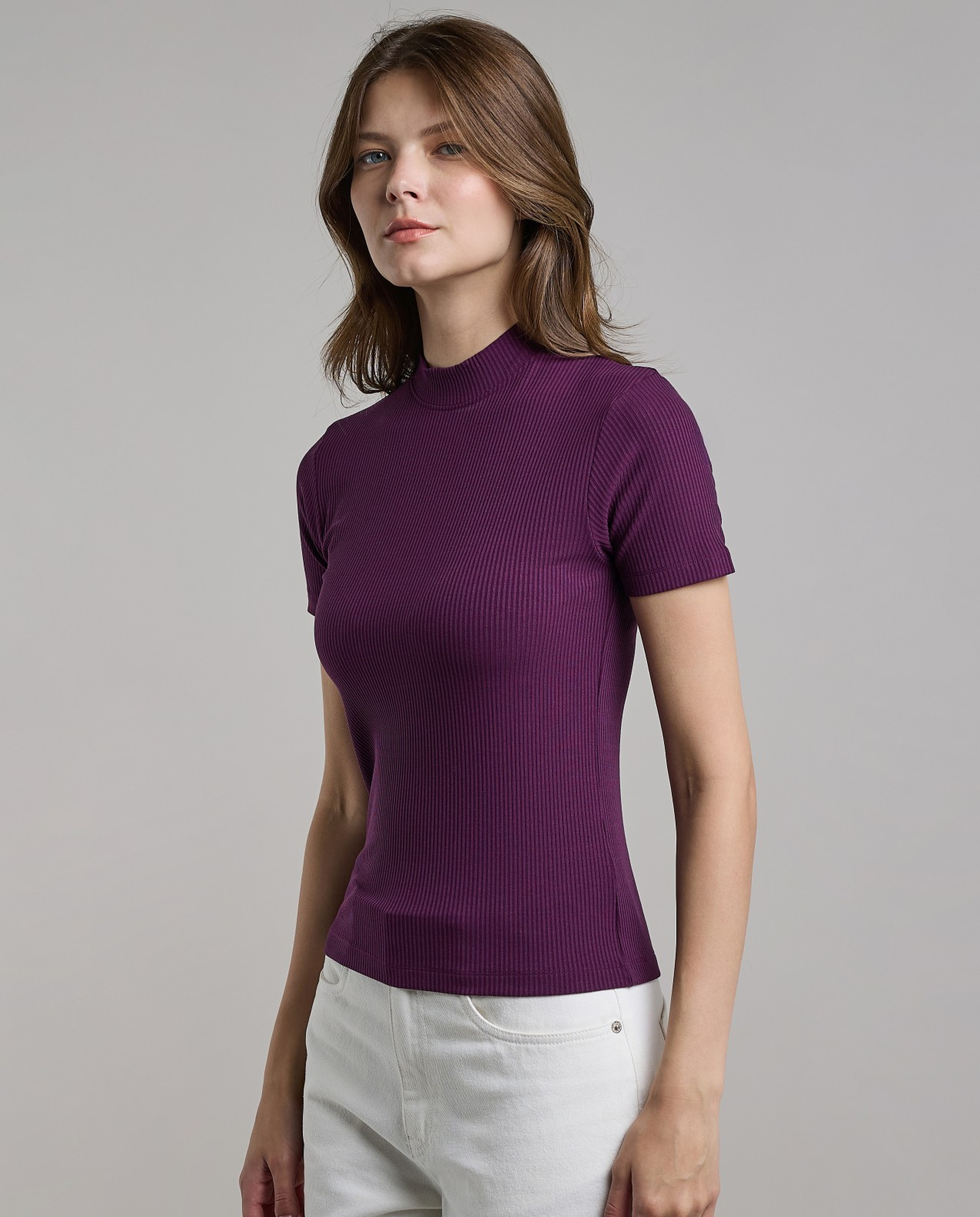 Ribbed Top with Mock Neck and Short Sleeves
