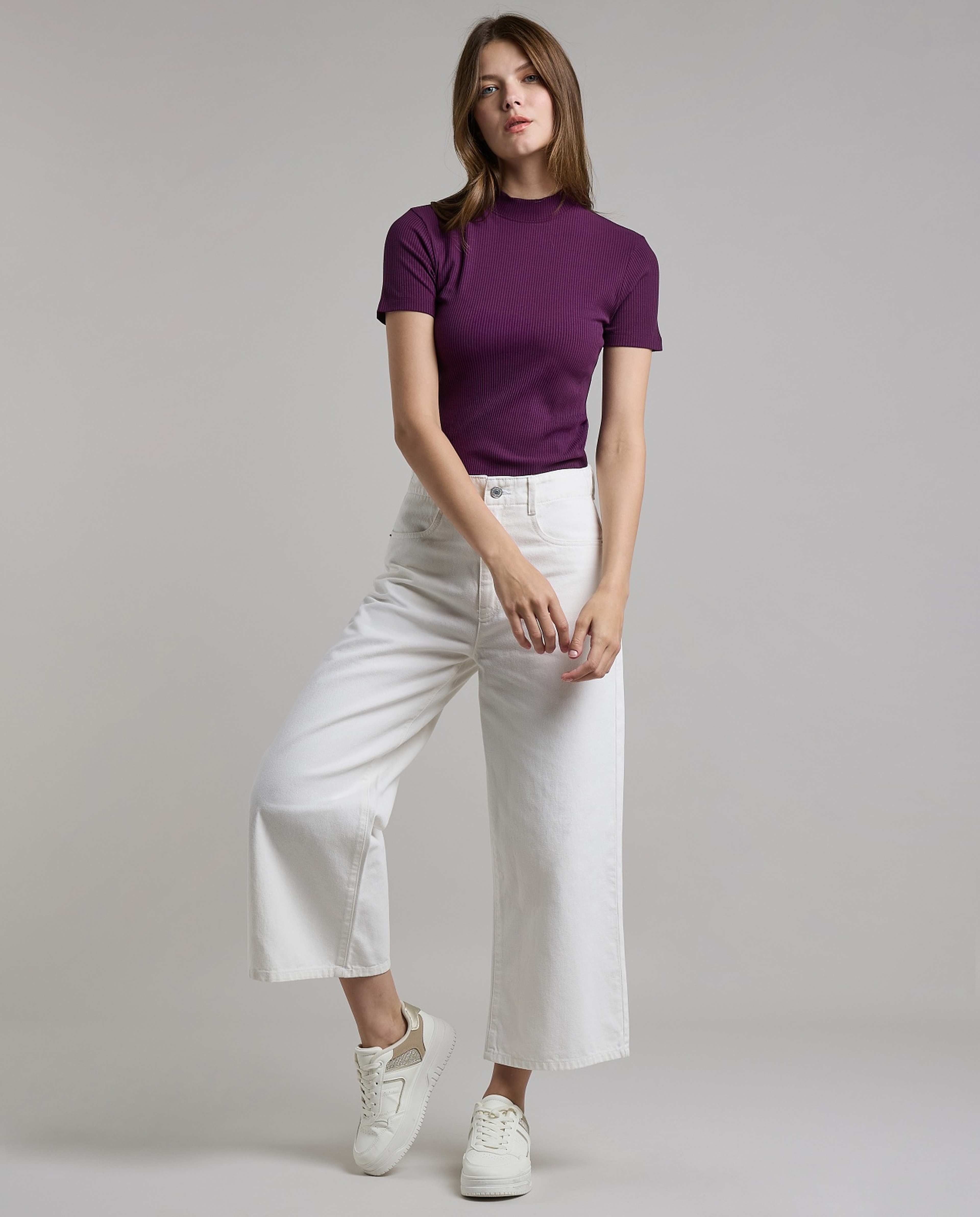 Ribbed Top with Mock Neck and Short Sleeves