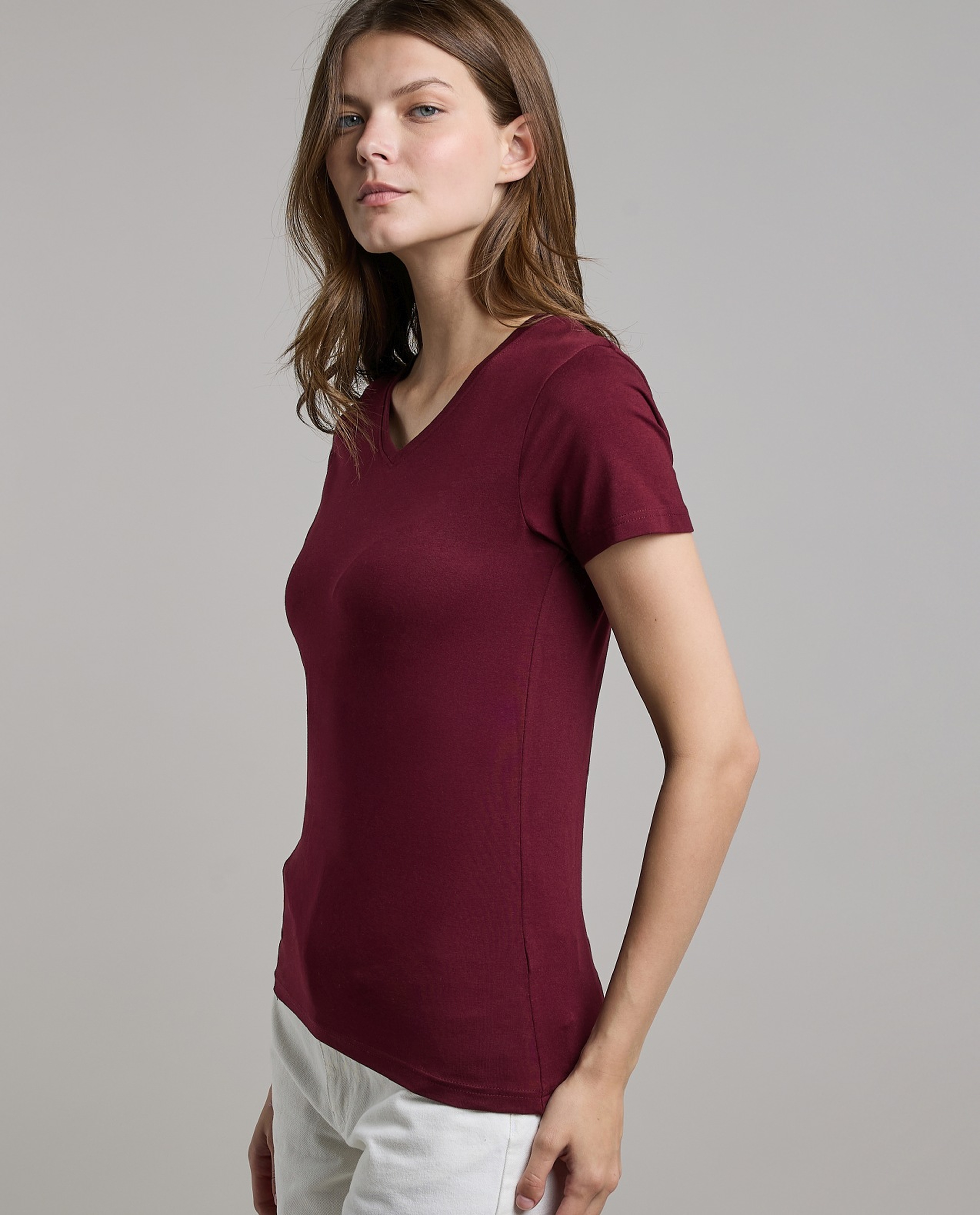 Solid T-Shirt with V-Neck and Short Sleeves