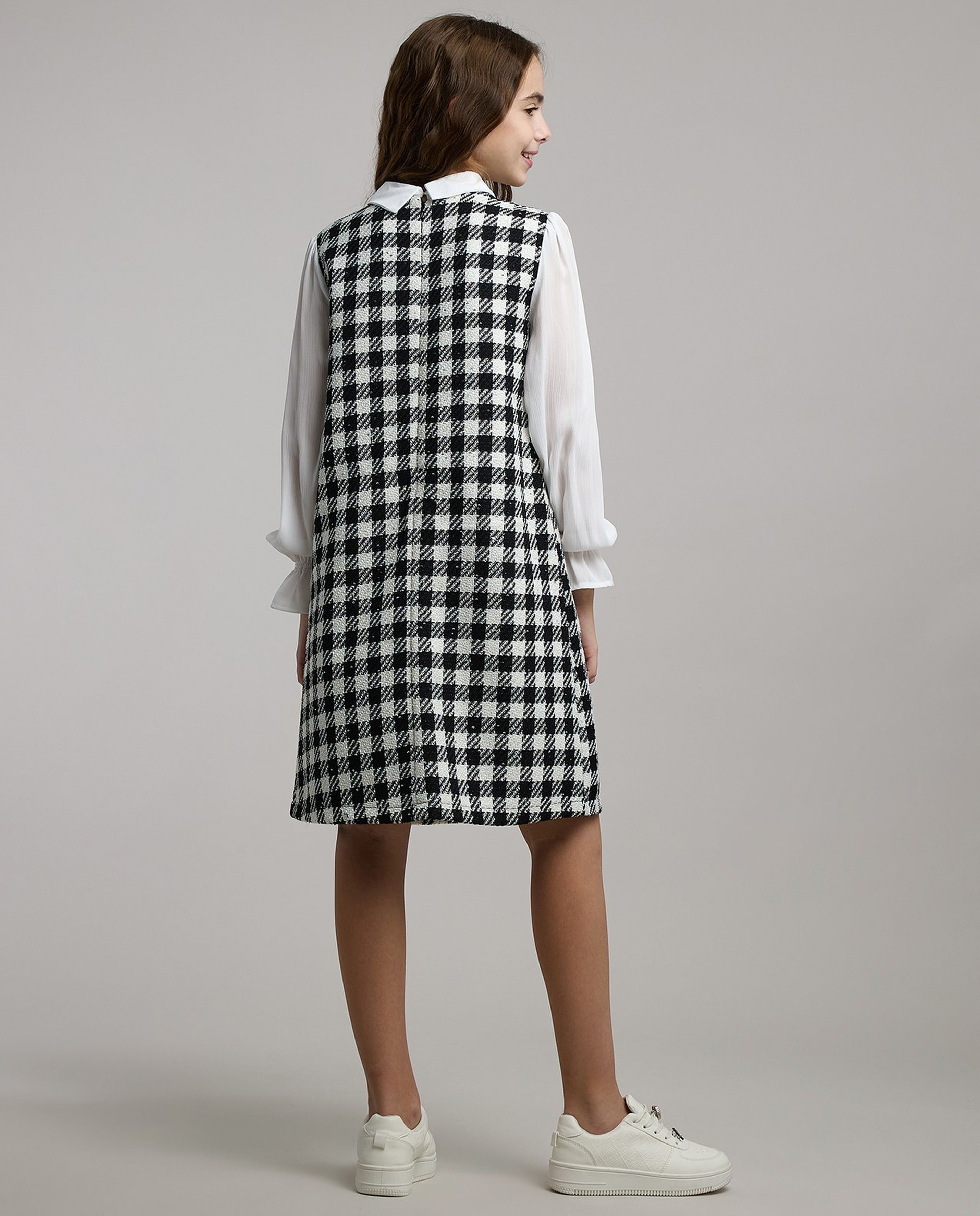 Checkered A-Line Dress with Tie-Up Neck and Long Sleeves