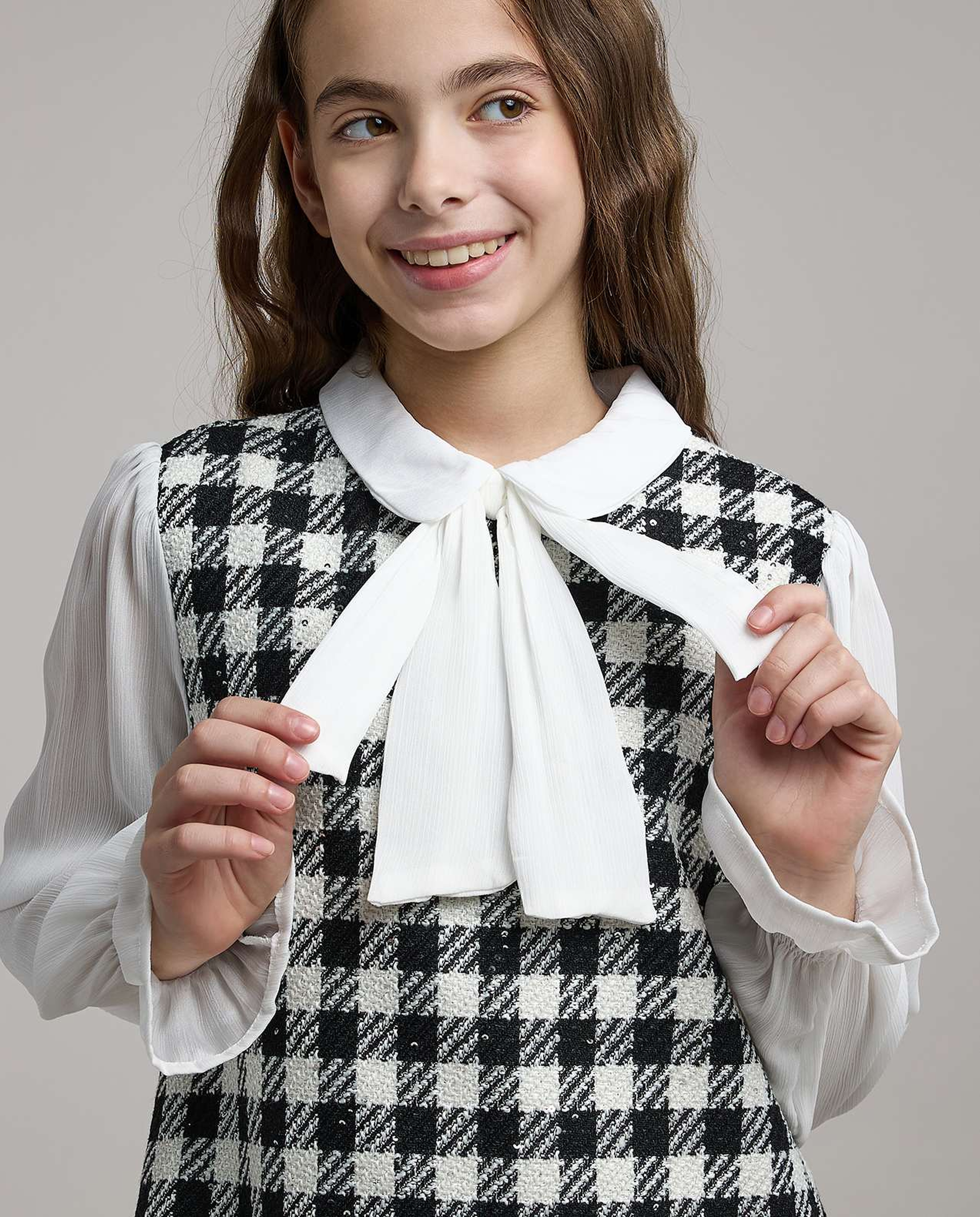 Checkered A-Line Dress with Tie-Up Neck and Long Sleeves