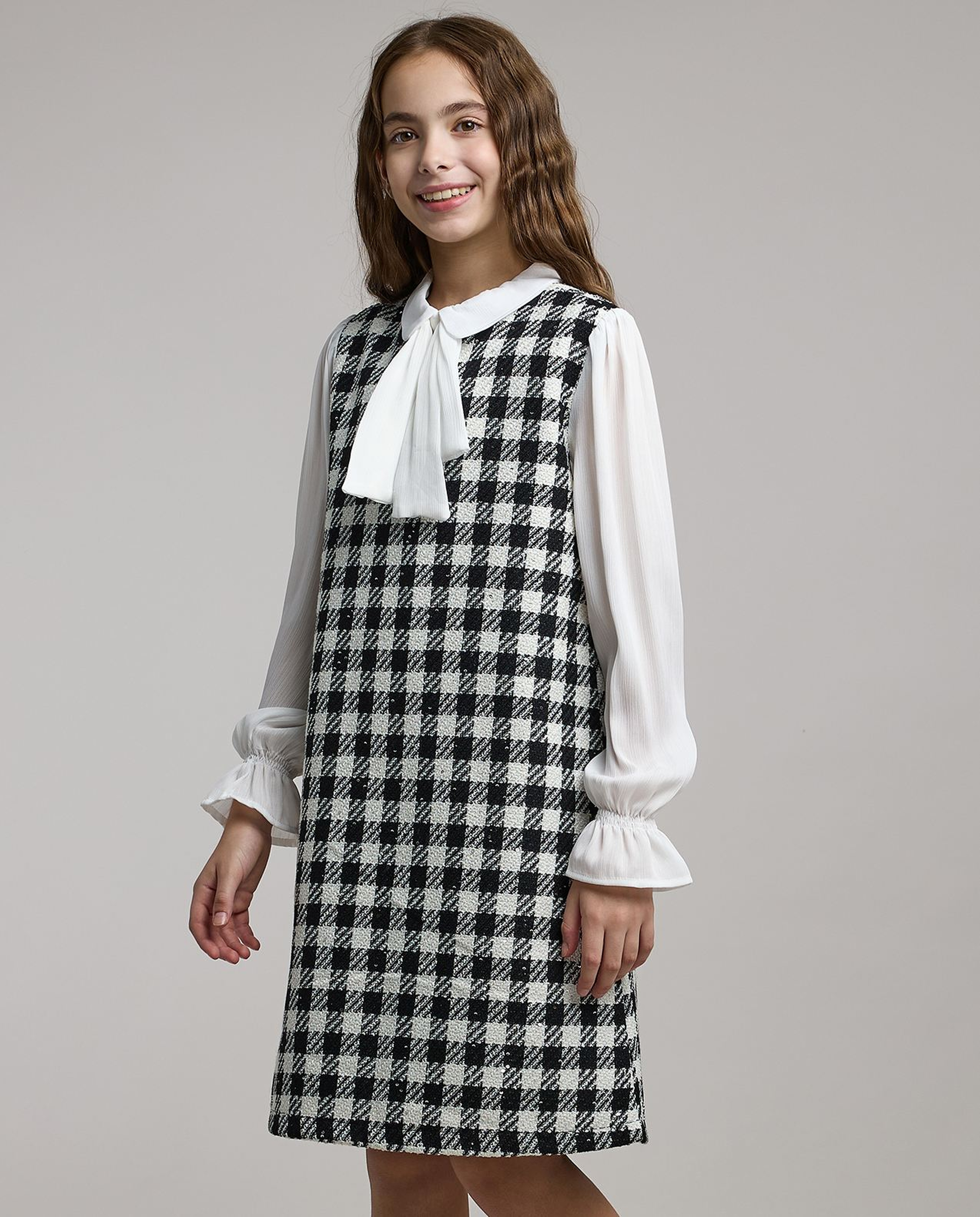 Checkered A-Line Dress with Tie-Up Neck and Long Sleeves