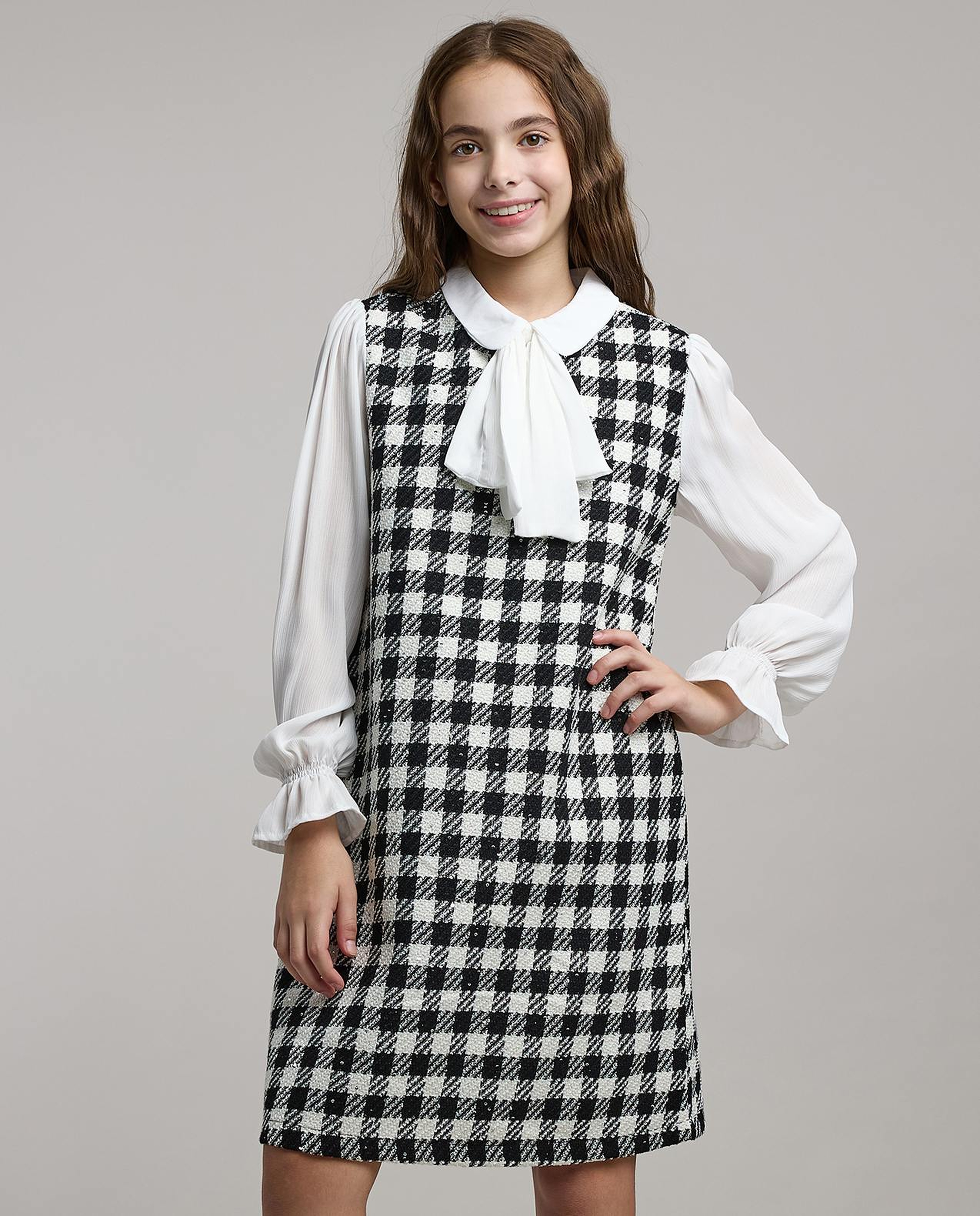 Checkered A-Line Dress with Tie-Up Neck and Long Sleeves
