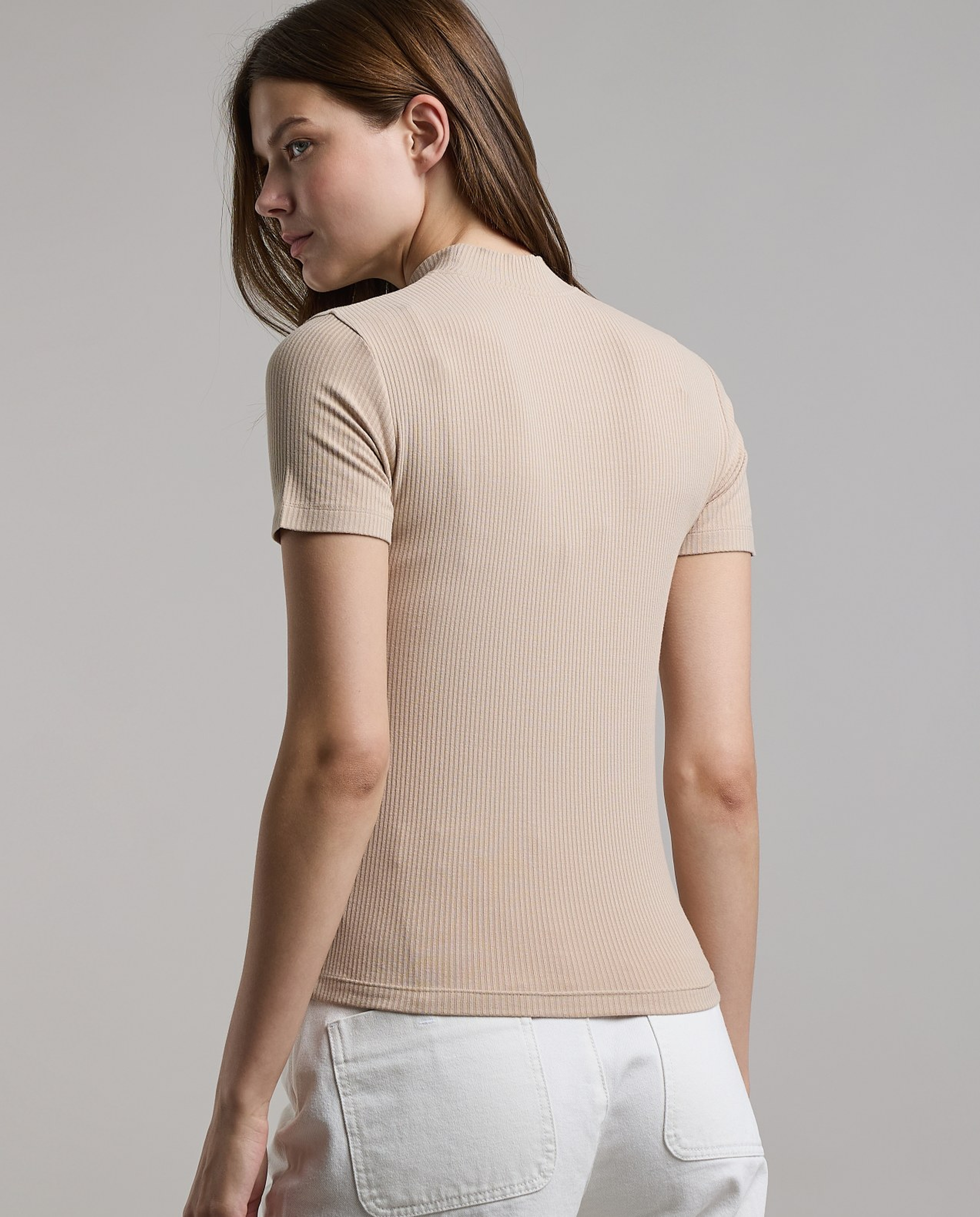 Ribbed Top with Mock Neck and Short Sleeves