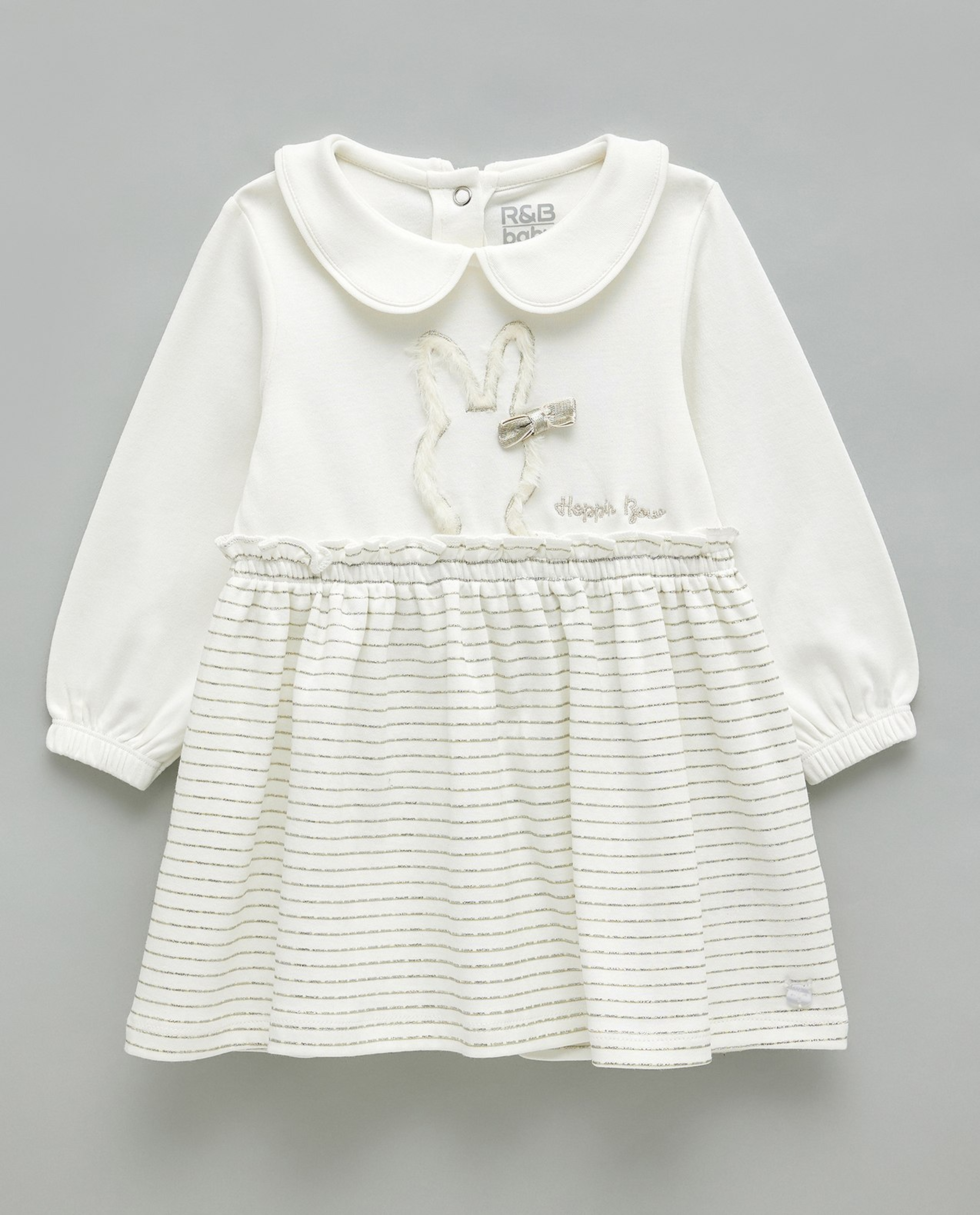 Appliqued A-Line Dress with Baby Collar and Long Sleeves