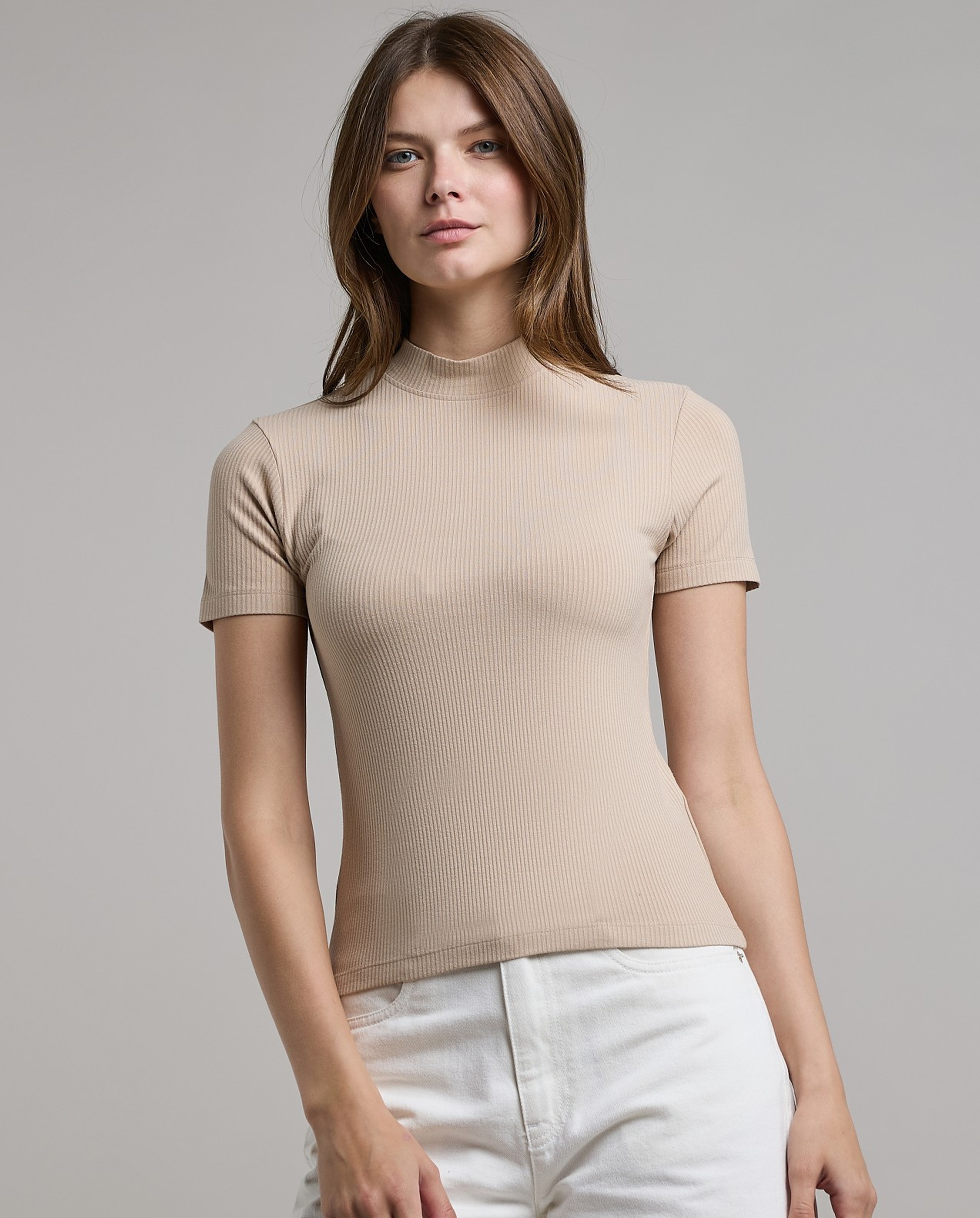 Ribbed Top with Mock Neck and Short Sleeves