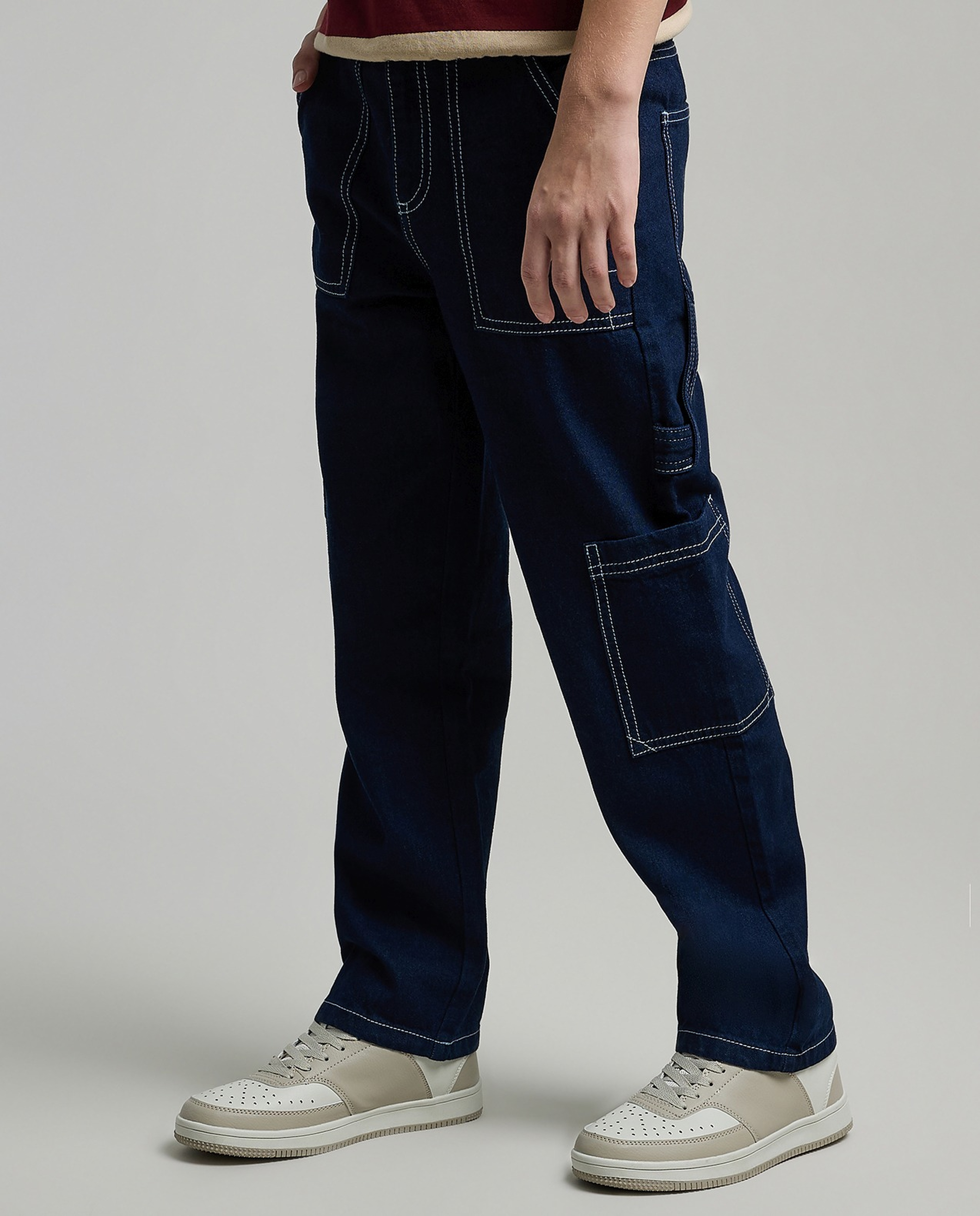Washed Cargo Jeans with Button Closure