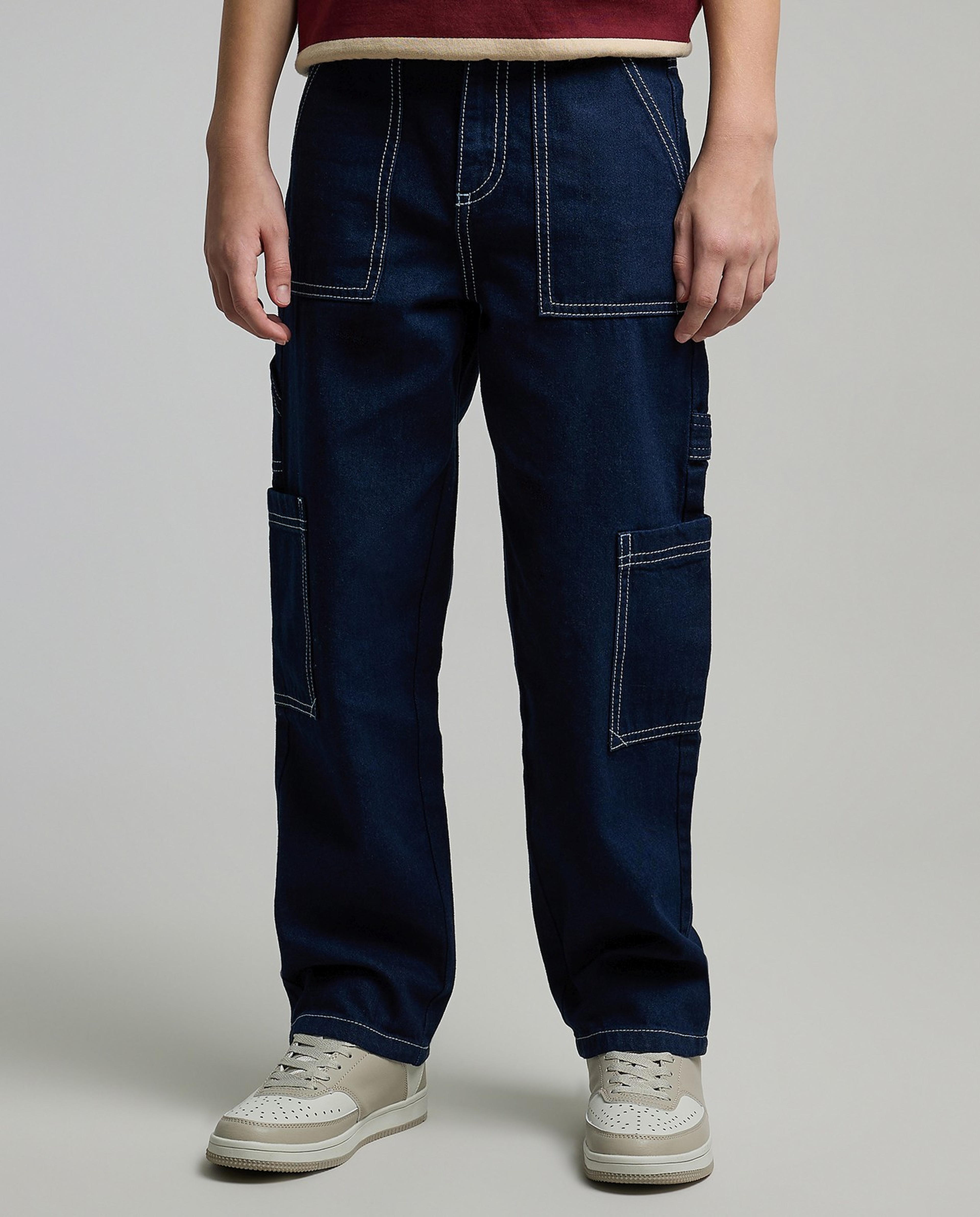 Washed Cargo Jeans with Button Closure