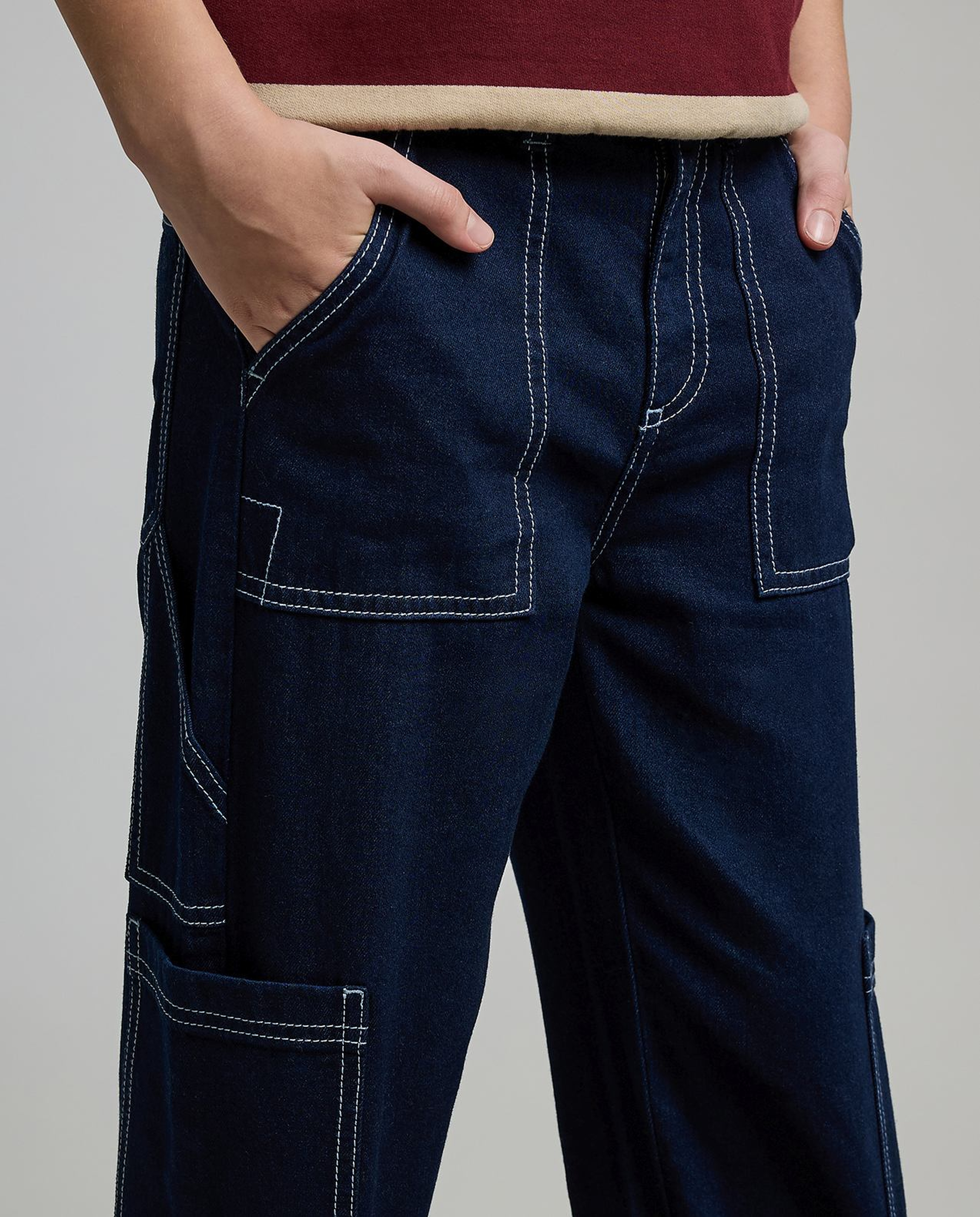 Washed Cargo Jeans with Button Closure