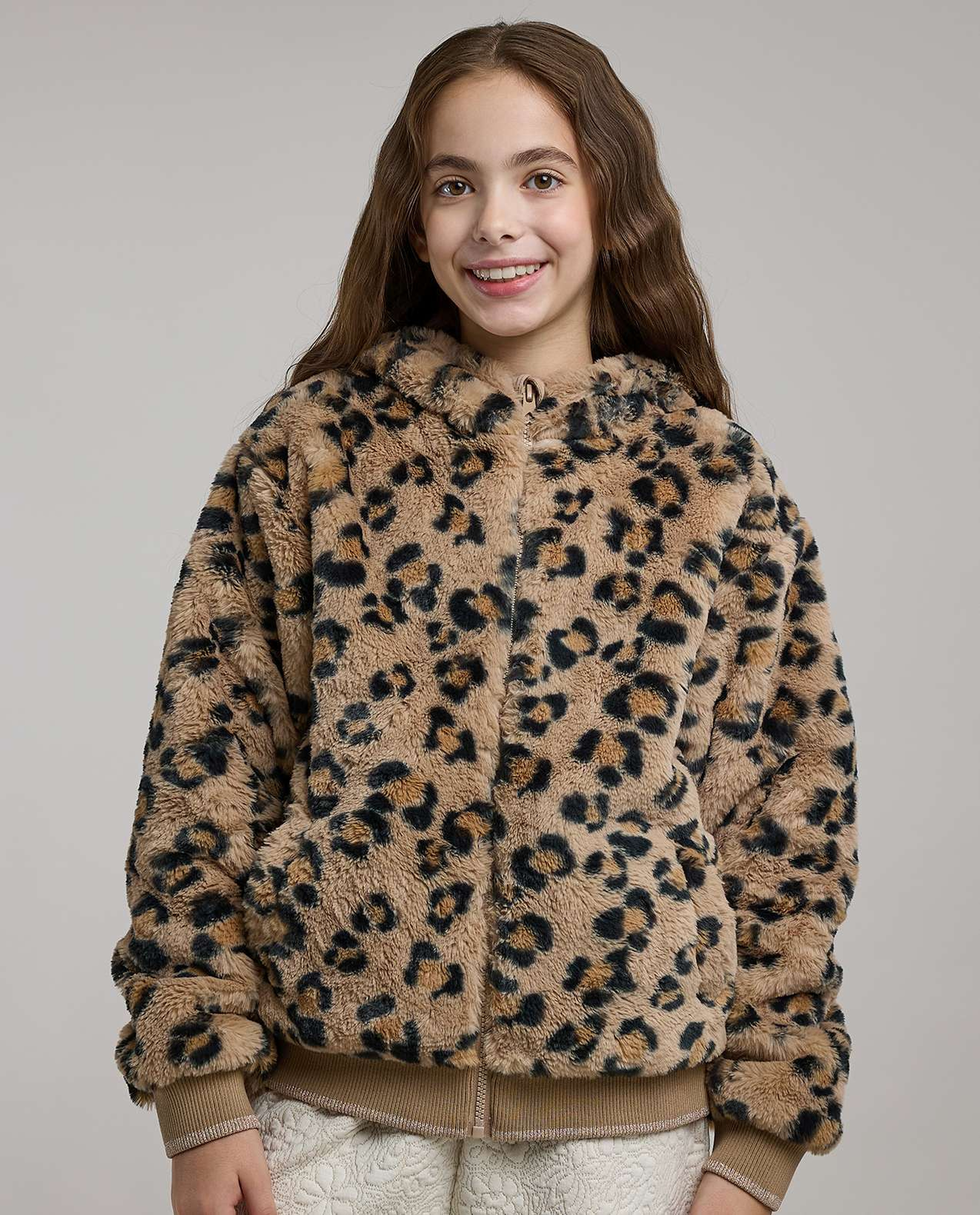 Leopard Patterned Hooded Jacket with Long Sleeves