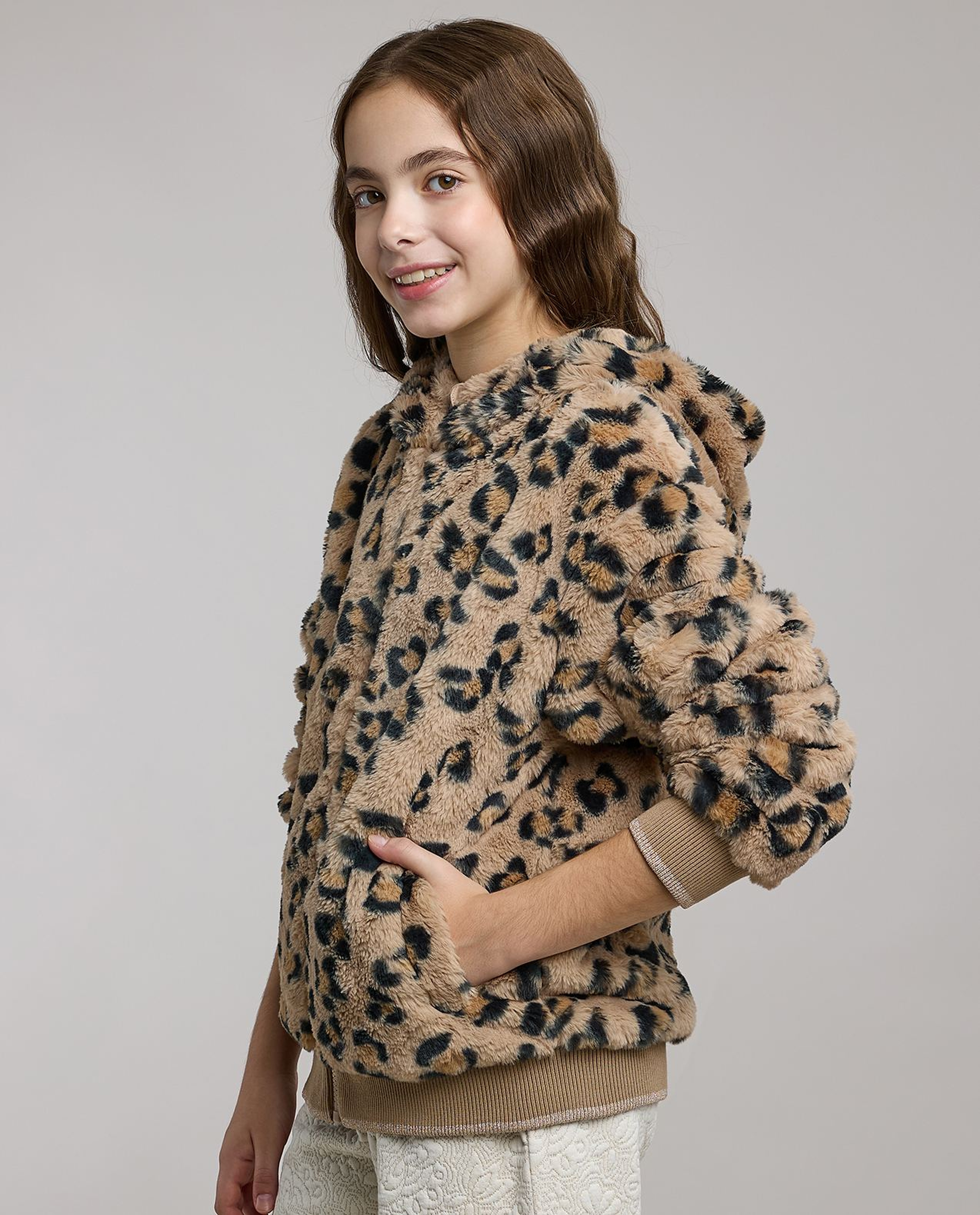 Leopard Patterned Hooded Jacket with Long Sleeves