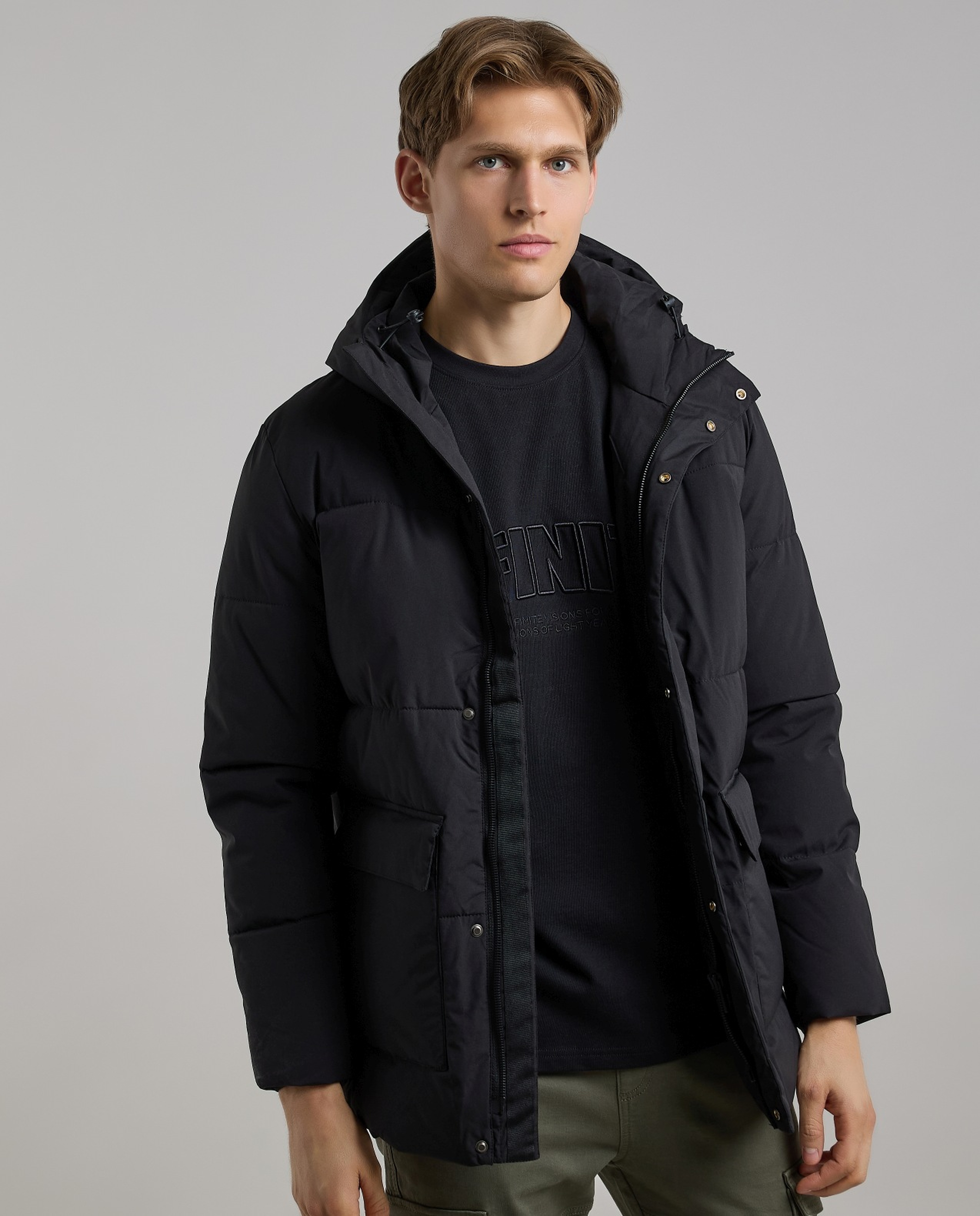 Zippered Hooded Puffer Jacket with Long Sleeves