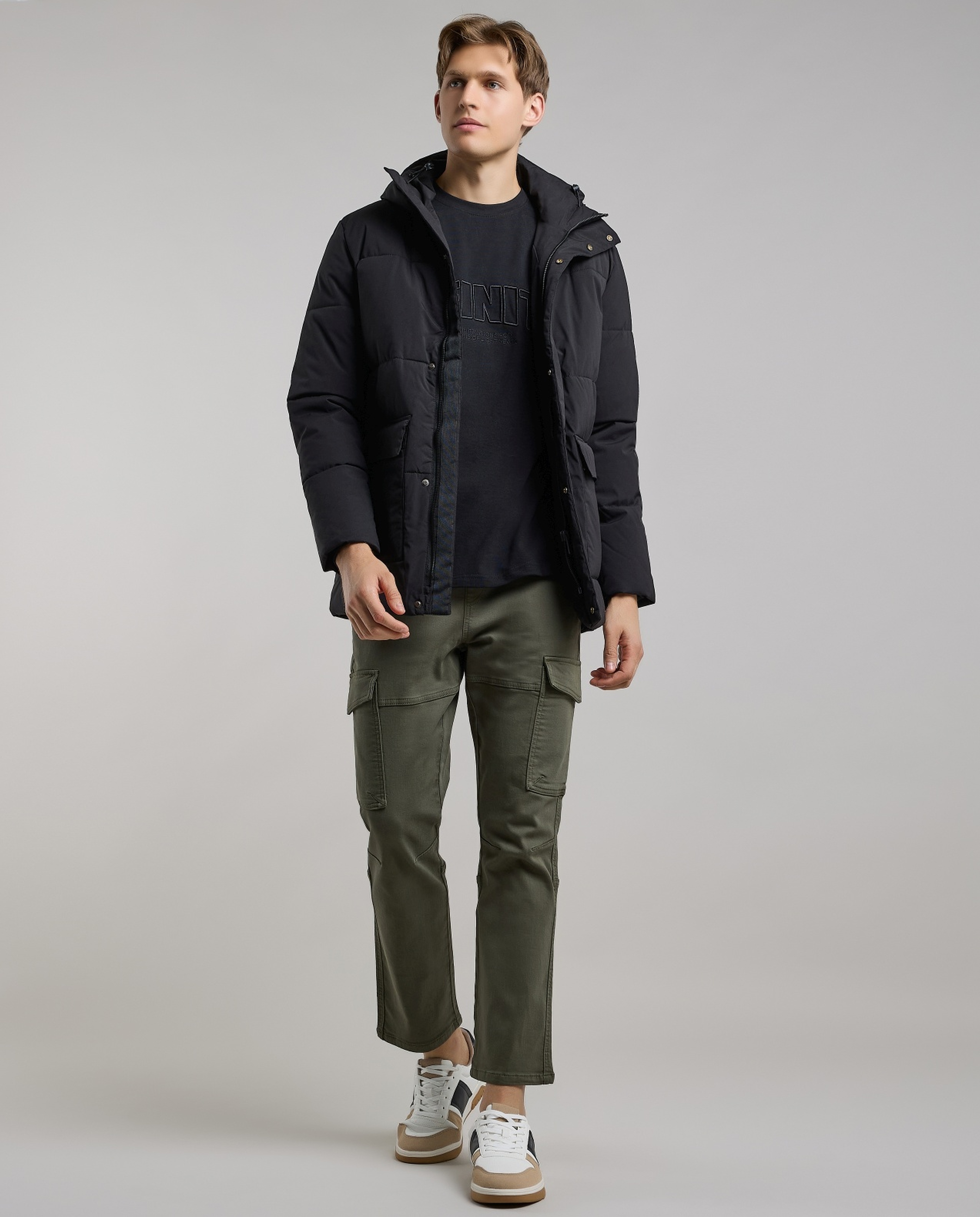 Zippered Hooded Puffer Jacket with Long Sleeves