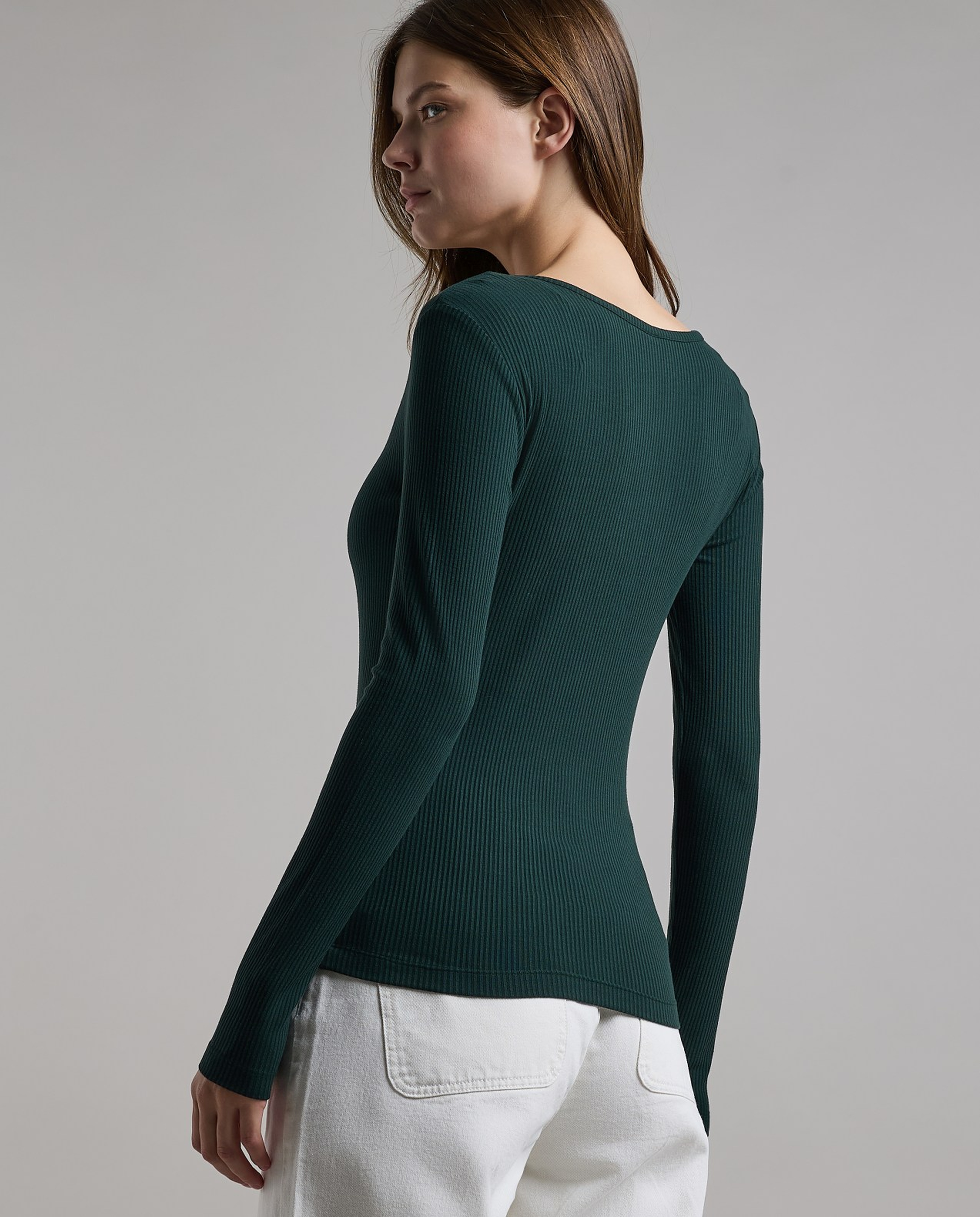 Ribbed Top with V-Neck and Long Sleeves