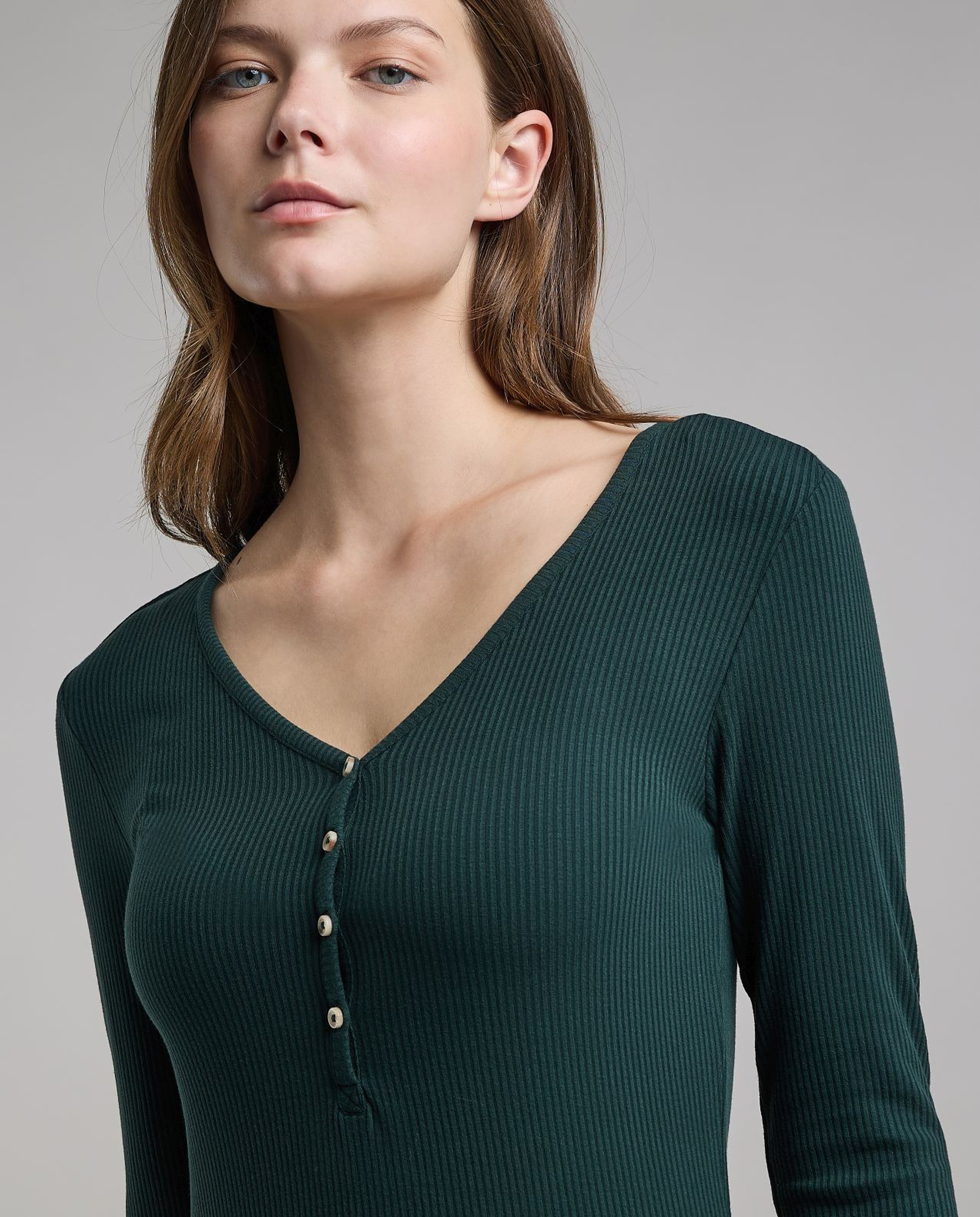 Ribbed Top with V-Neck and Long Sleeves