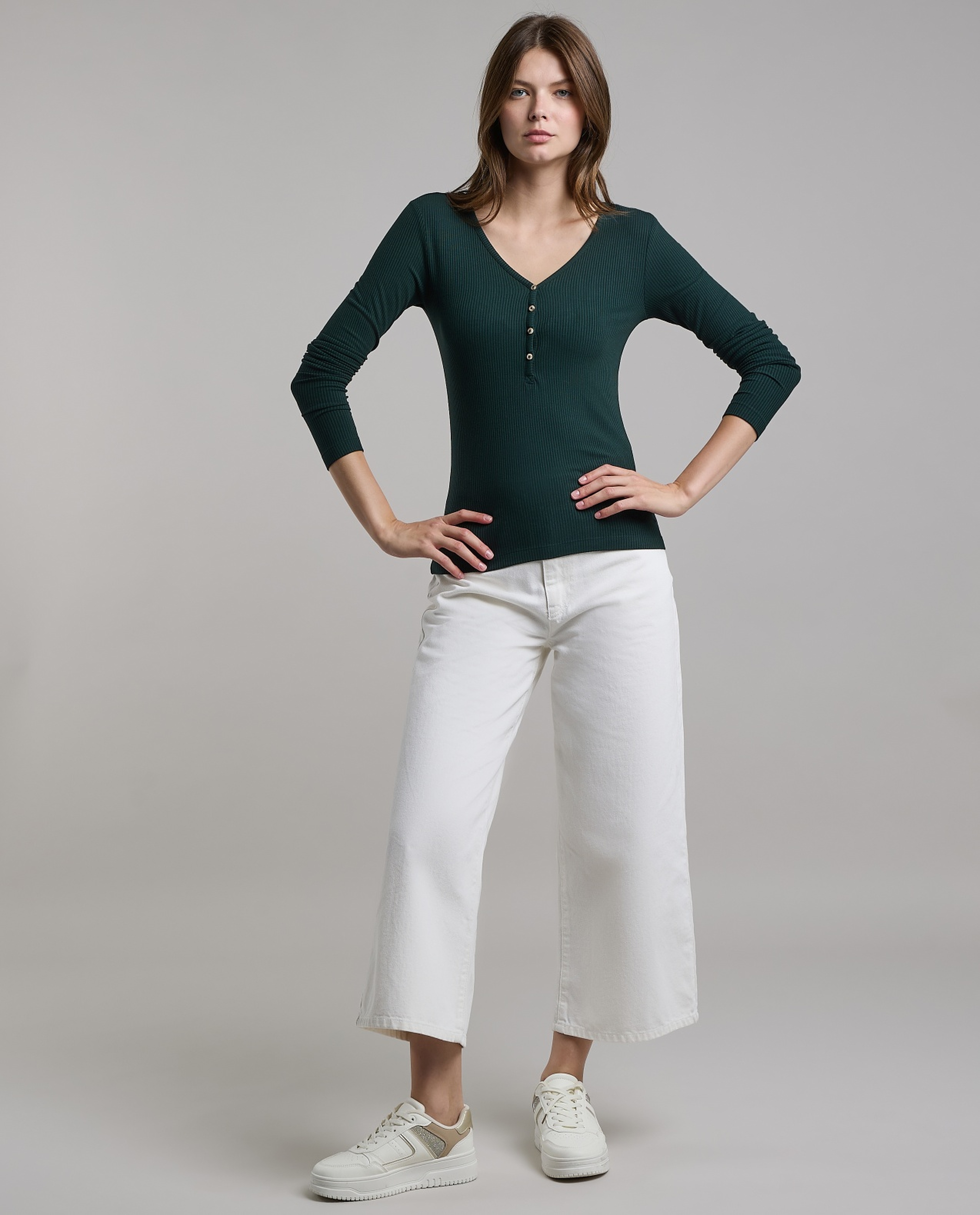 Ribbed Top with V-Neck and Long Sleeves