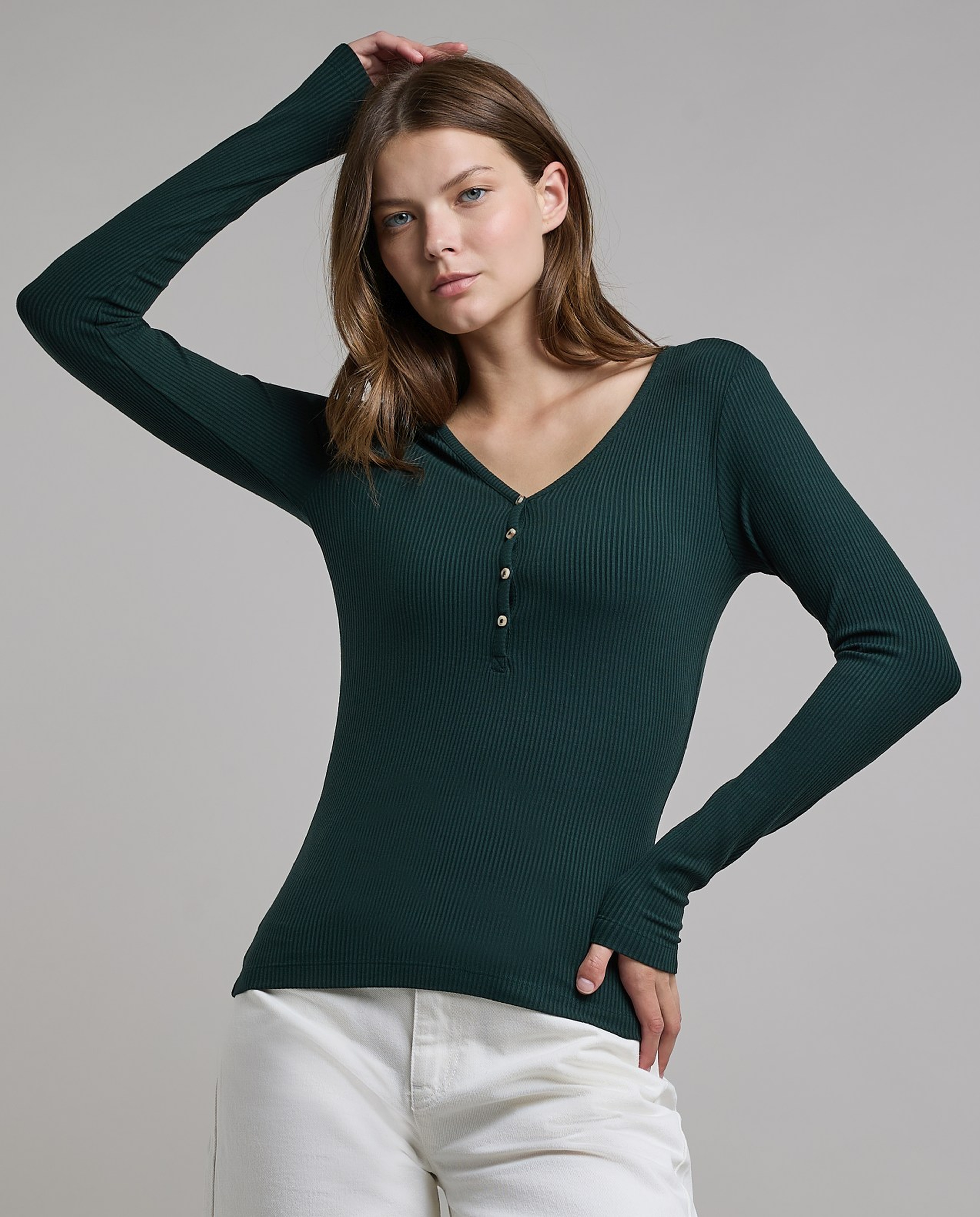 Ribbed Top with V-Neck and Long Sleeves