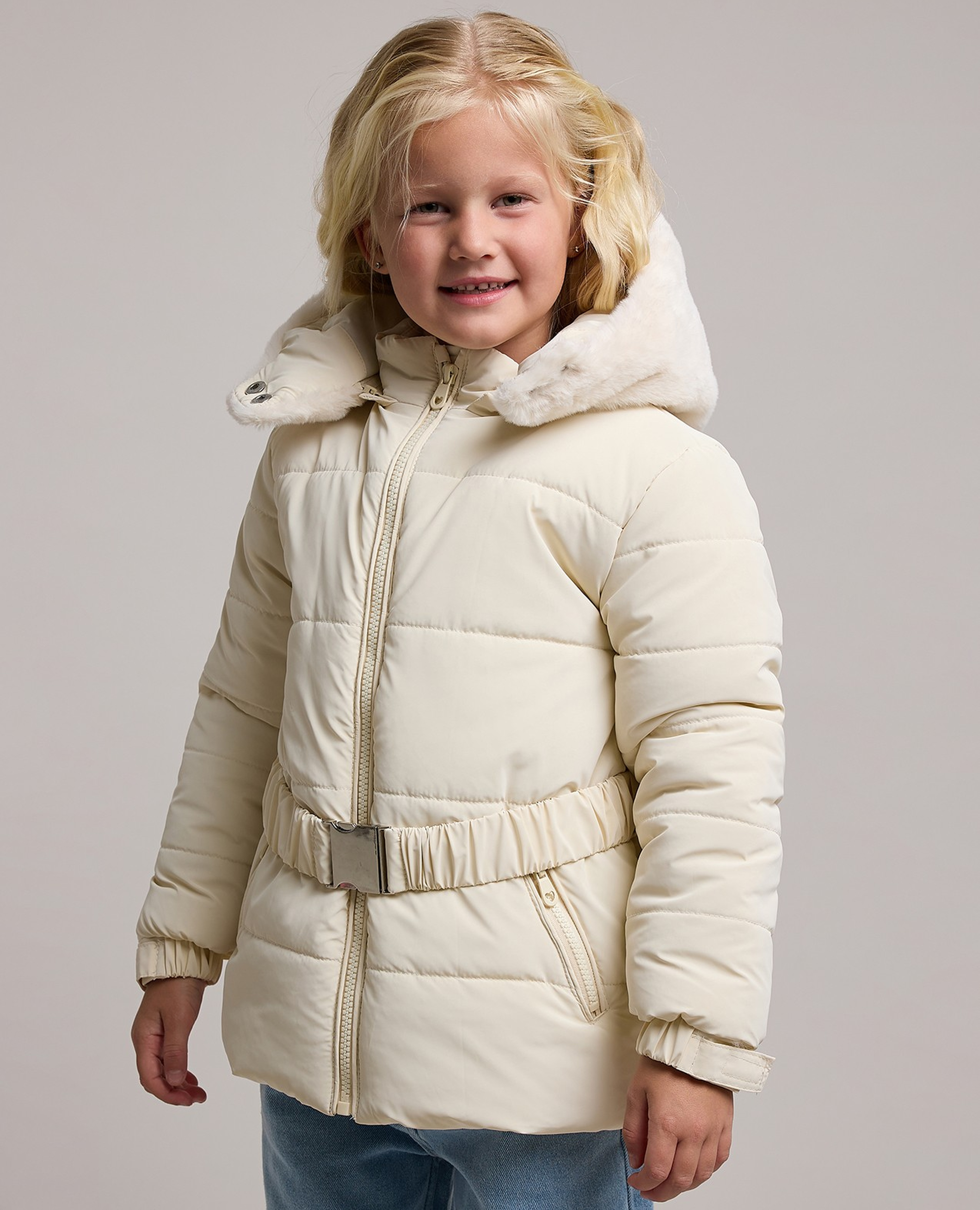 Belt Detail Hooded Puffer Jacket with Long Sleeves