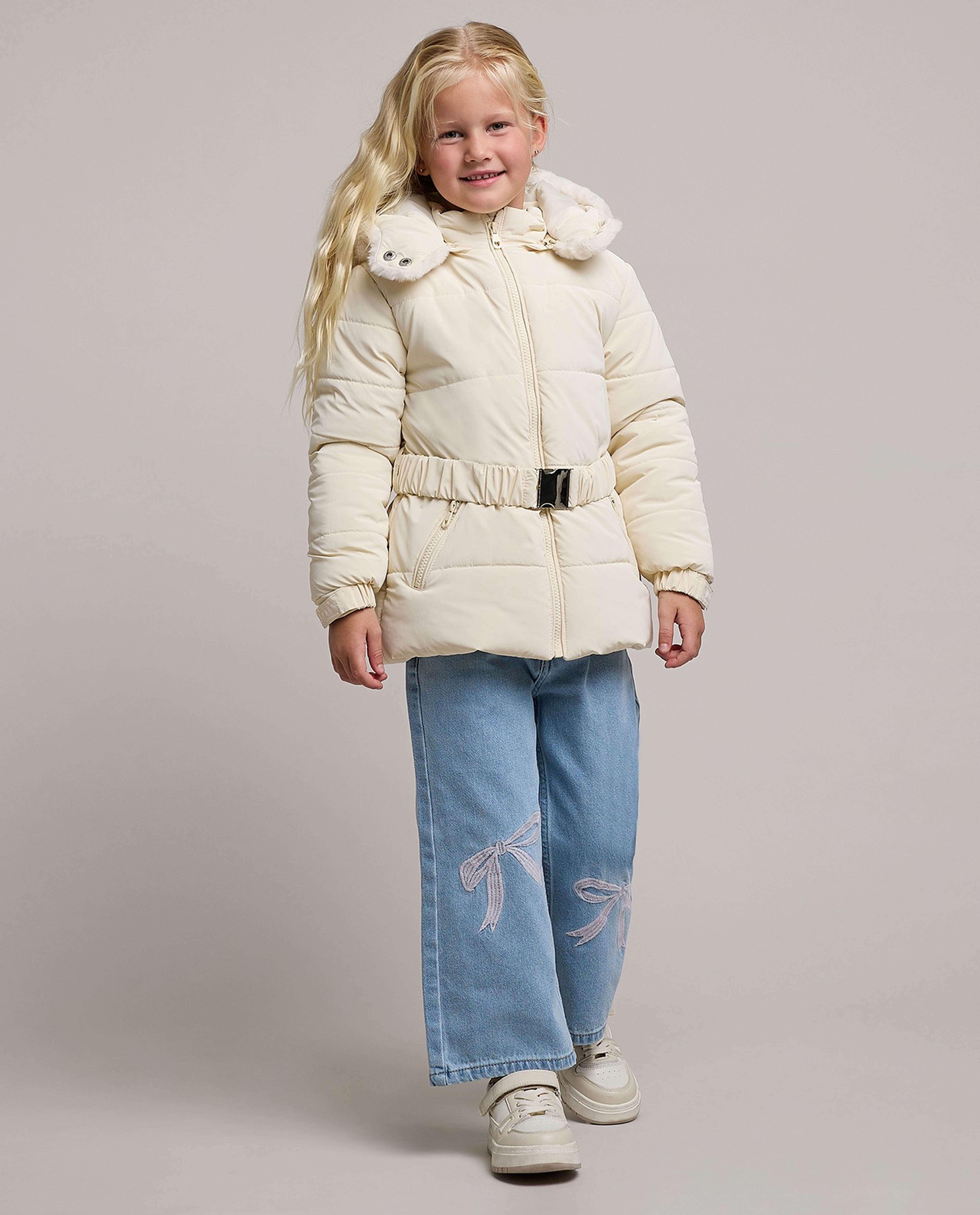 Belt Detail Hooded Puffer Jacket with Long Sleeves