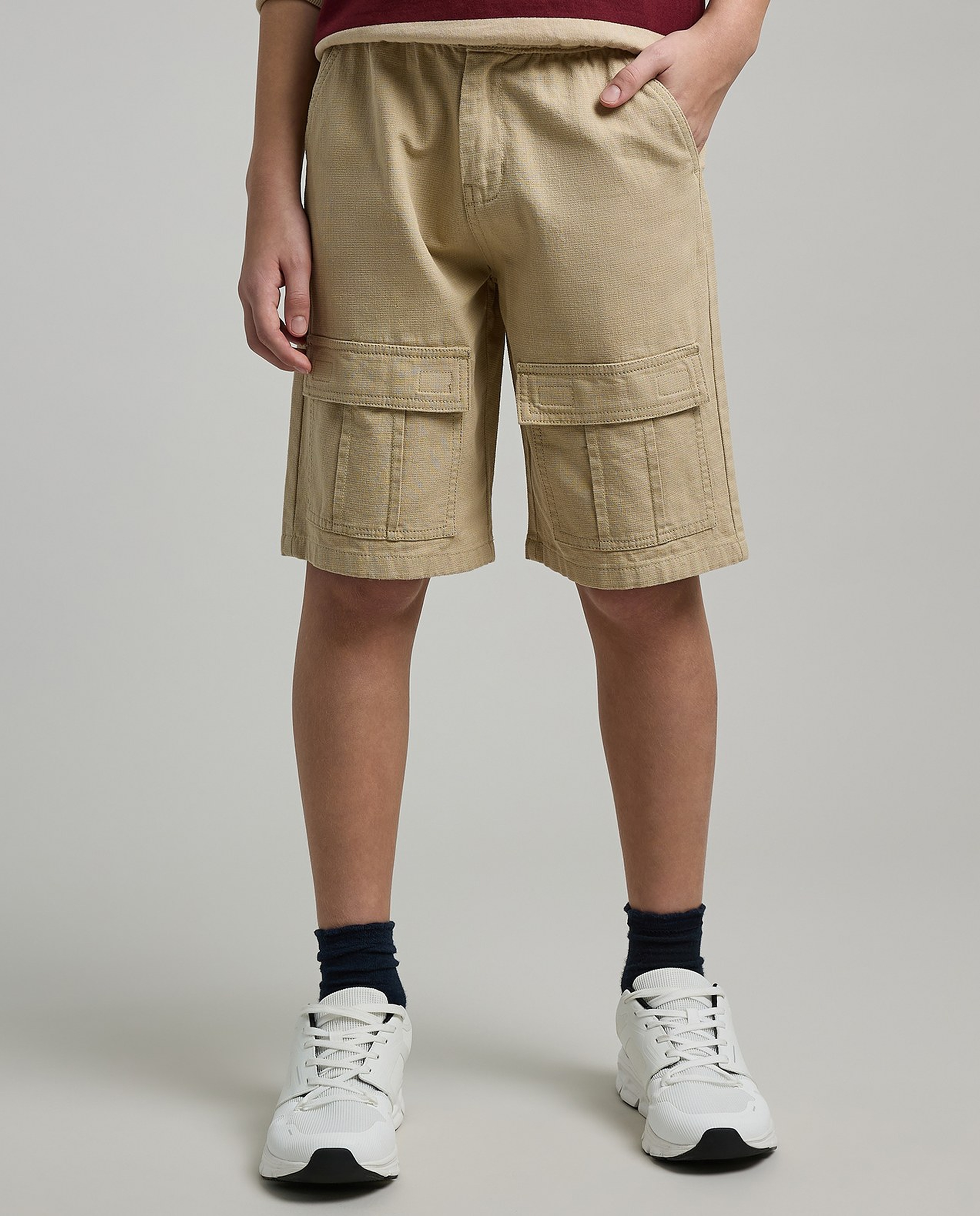 Solid Cargo Shorts with Button Closure