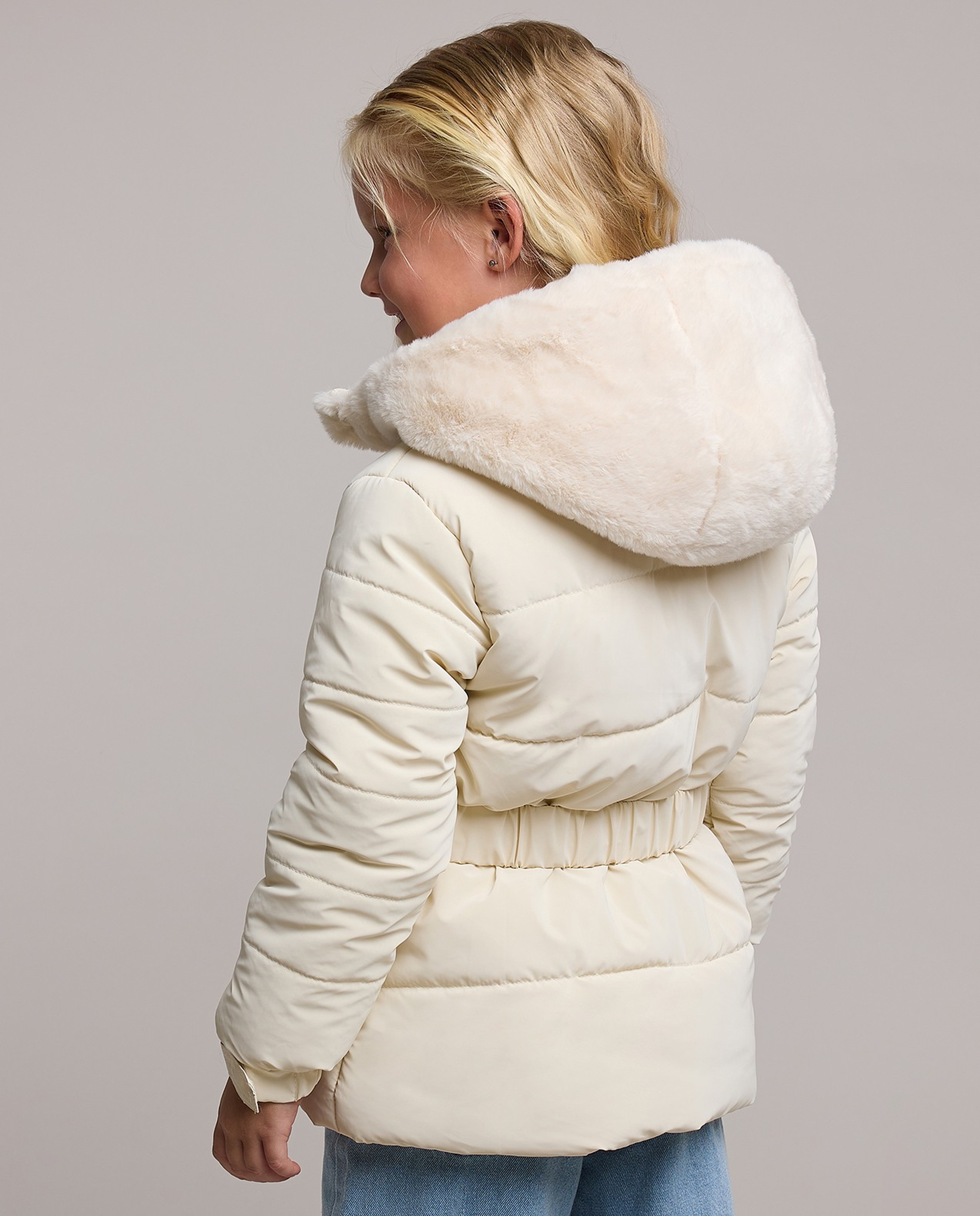 Belt Detail Hooded Puffer Jacket with Long Sleeves